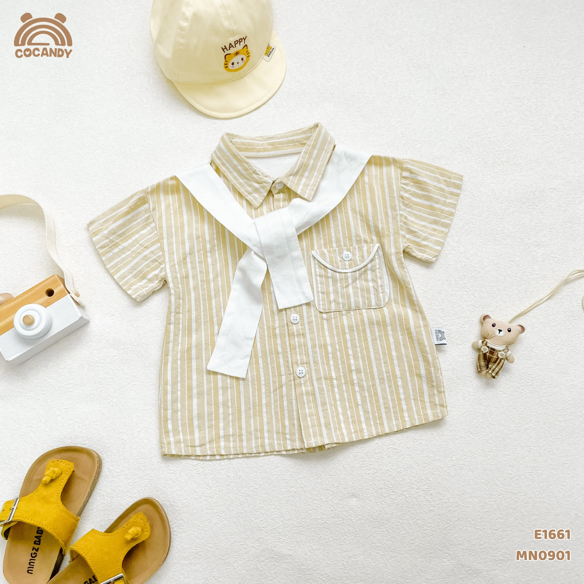 Áo cộc sơ mi kẻ VÀNG phối turban cổ_thumbnail_2
