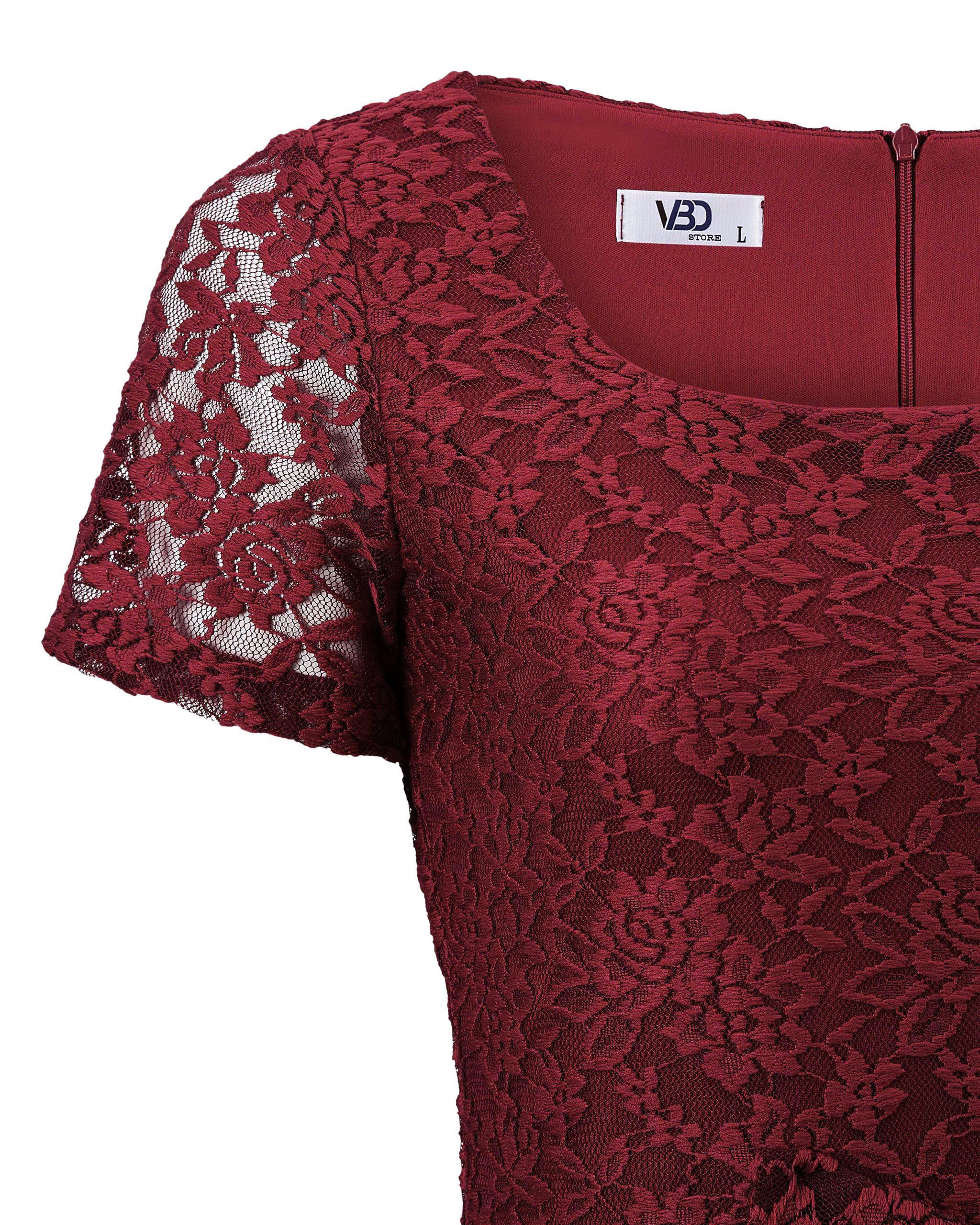 Đầm Ren Hoa Dáng A Bigsize Cổ Vuông Tùng Lưới 3 Lớp - Đỏ Đô - Vừa 55-90kg - V-DA223_thumbnail_5