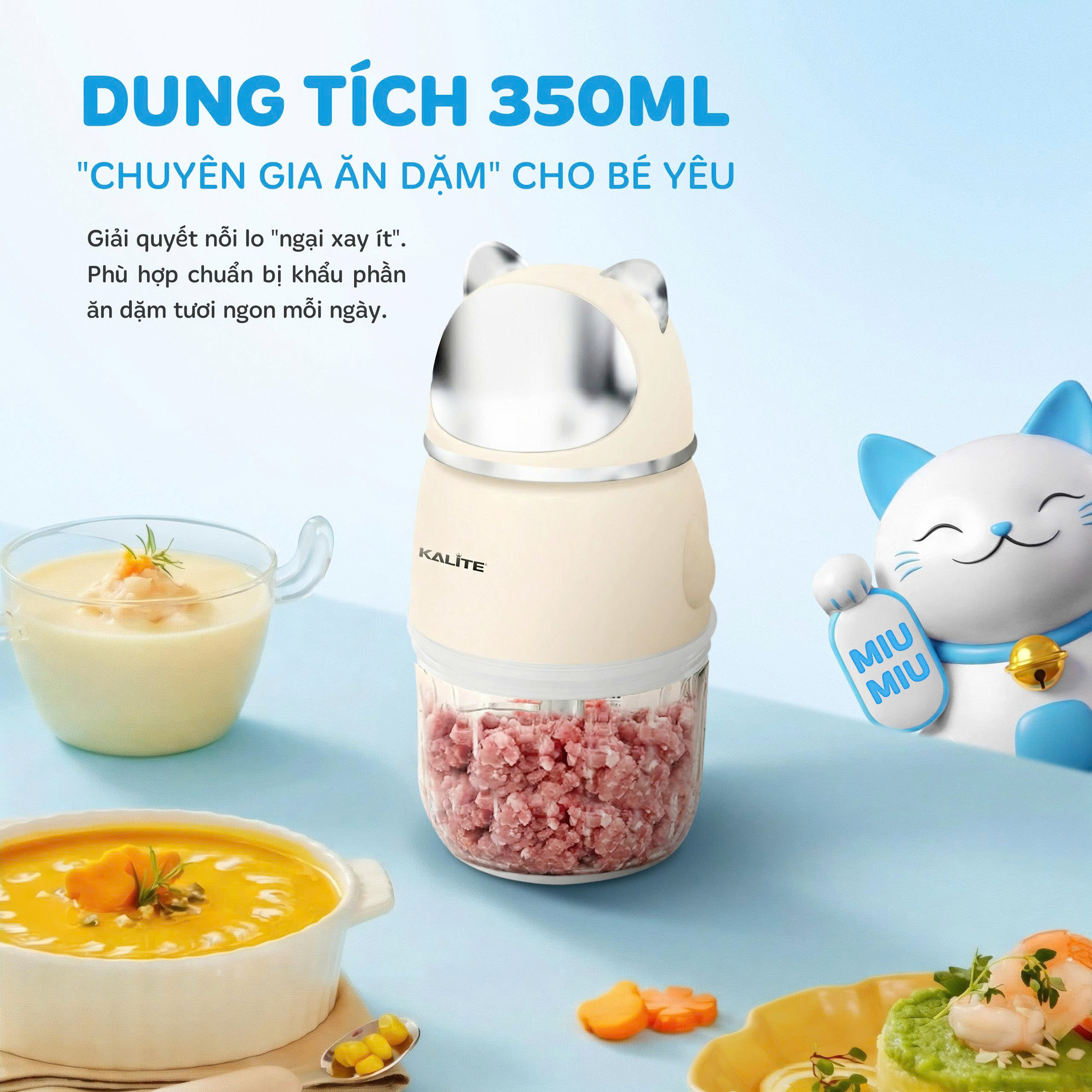 Máy xay mini đa năng Kalite MiuMiu, dung tích 350ml, lưỡi dao 6 bằng inox304, bắt mắt với điểm nhấn tai mèo thần tài_thumbnail_5