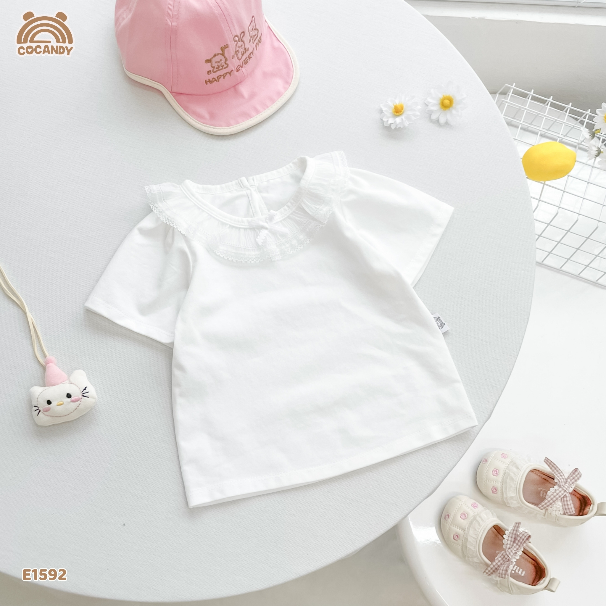 Áo cộc cotton TRẮNG nhún bèo cổ phối nơ
