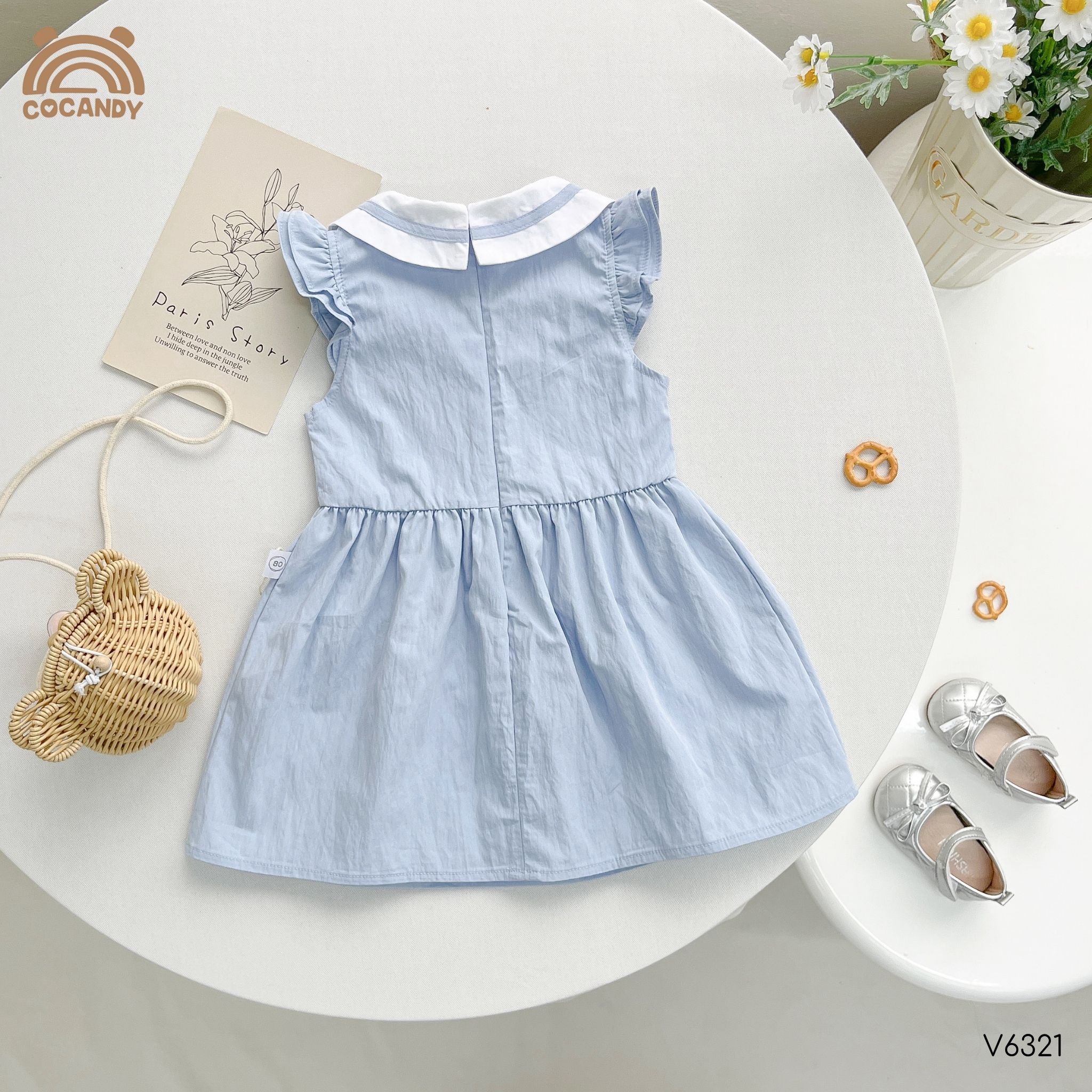 Váy cộc thô XANH DƯƠNG nơ ngực cổ kiểu_thumbnail_3