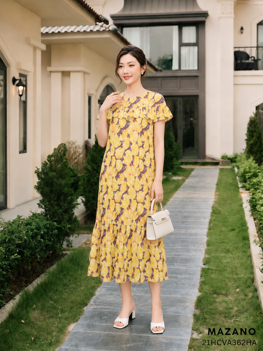 Đầm suông họa tiết hoa tuy-lip vàng bèo ngực