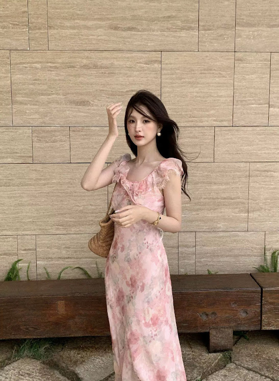 Lucas - Váy hoa lụa cổ vuông phối viền bèo dáng dài chân xòe nhẹ 0008_thumbnail_2