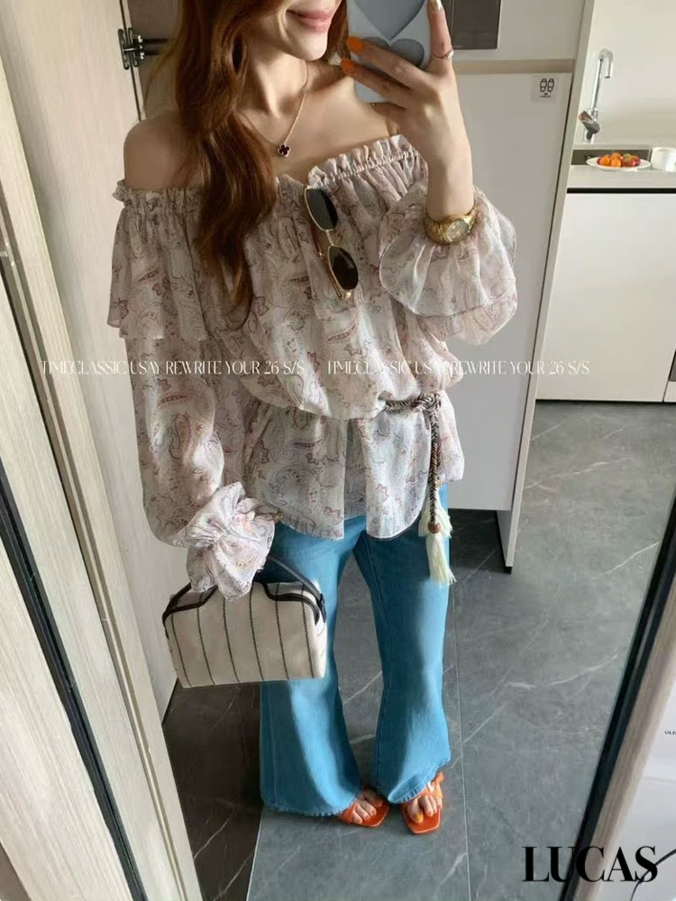 Áo sơ mi trễ vai voan hoa bèo ngực + belt tết, hạt gỗ