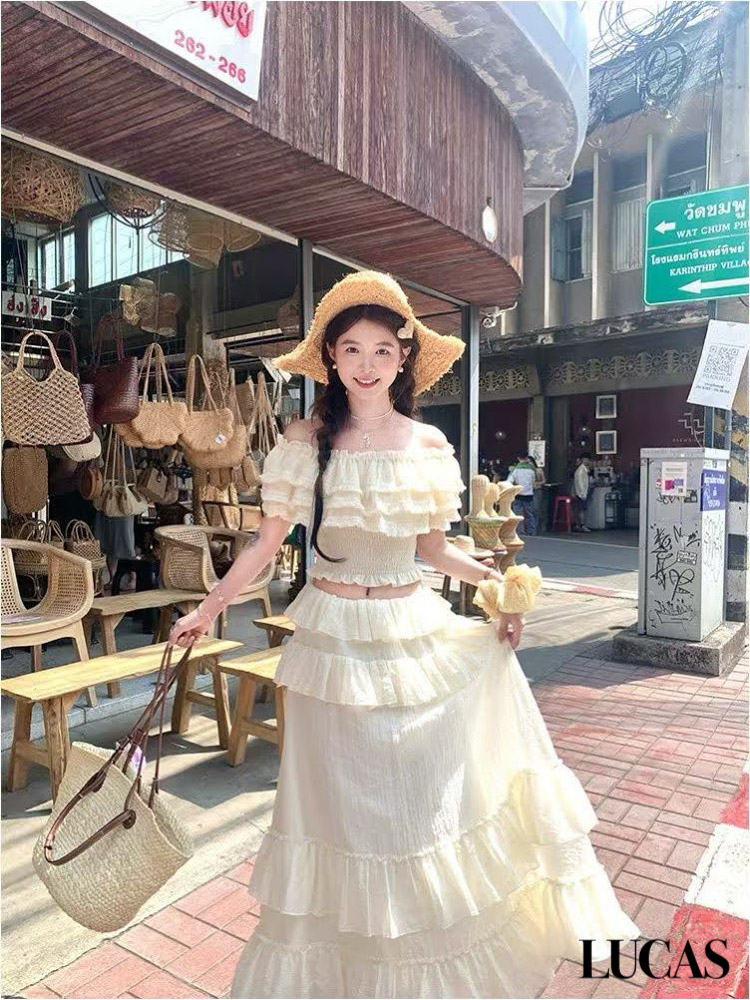 Set áo trễ vai voan tầng chun eo + Chân váy maxi xòe tầng