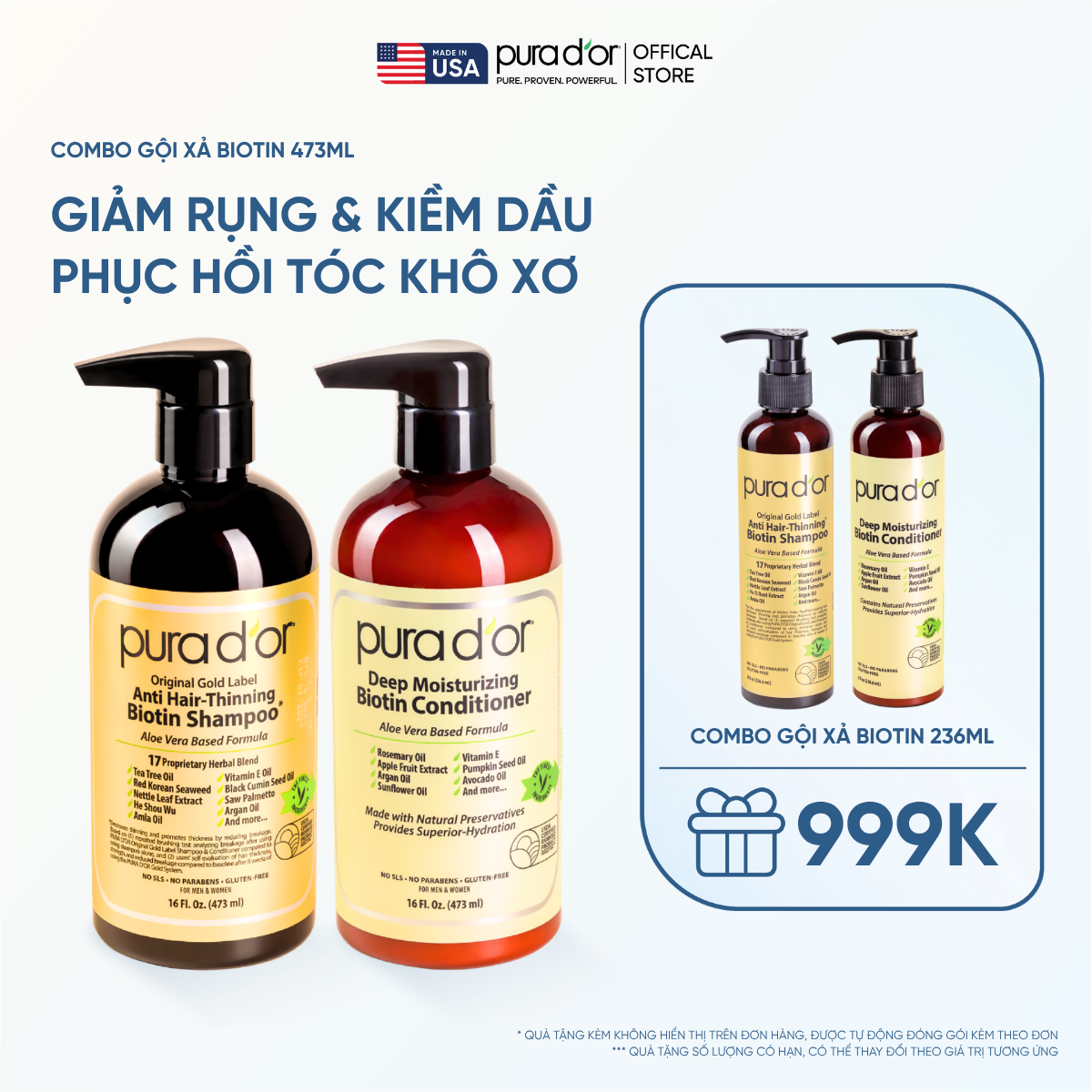 Combo Gội - Xả Biotin Pura D'or Original Gold Label & Deep Moisturizing Chăm Sóc Da Đầu, Dưỡng Ẩm Chuyên Sâu 473ml