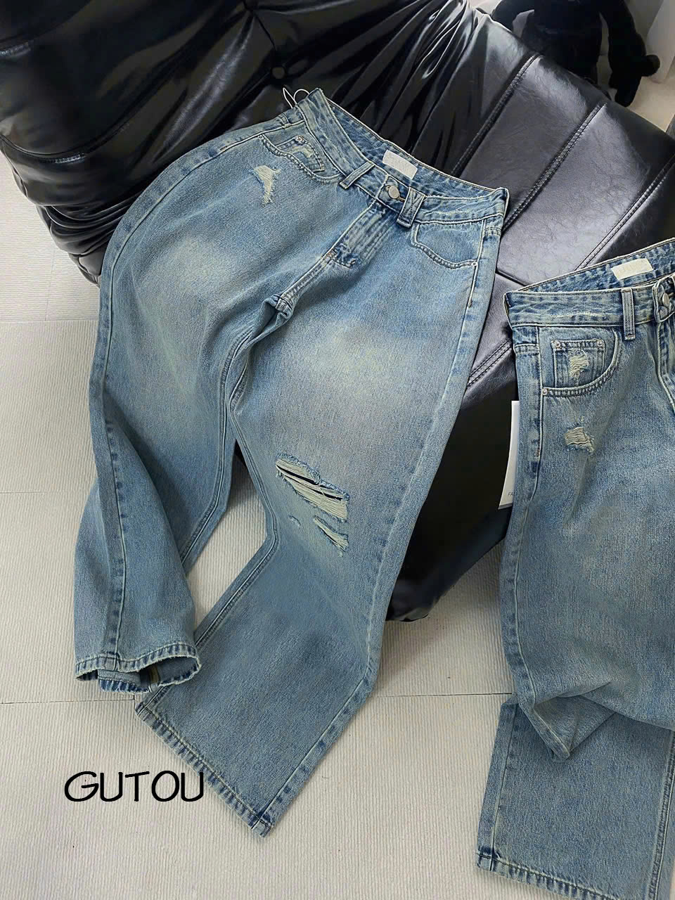 [ GUTOU ] Quần Jean Suông Wash Nhẹ Rách Gối_thumbnail_4