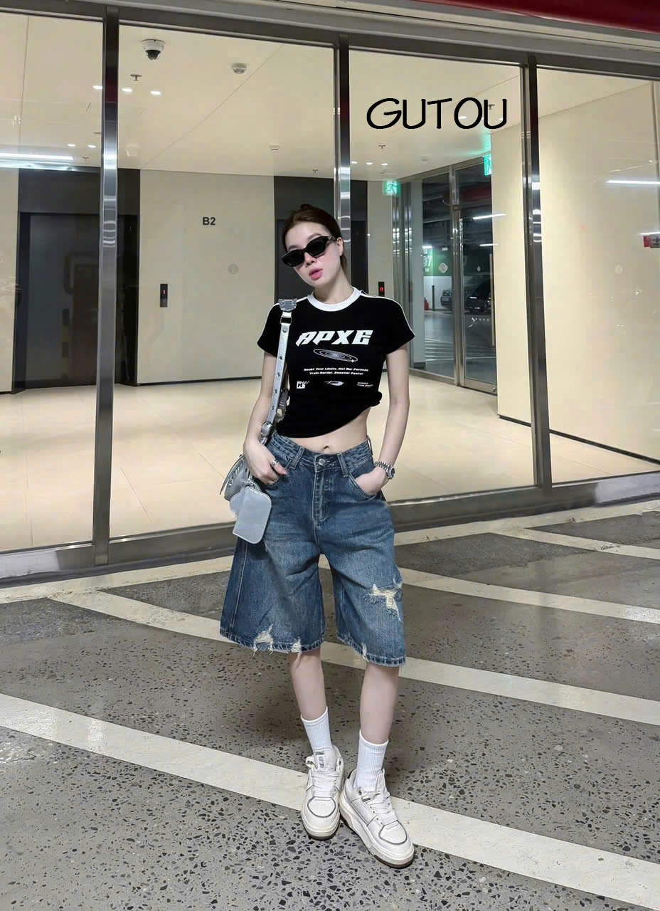 [ GUTOU ] Quần Jean Lửng Wash Rách Flap Pocket_thumbnail_1