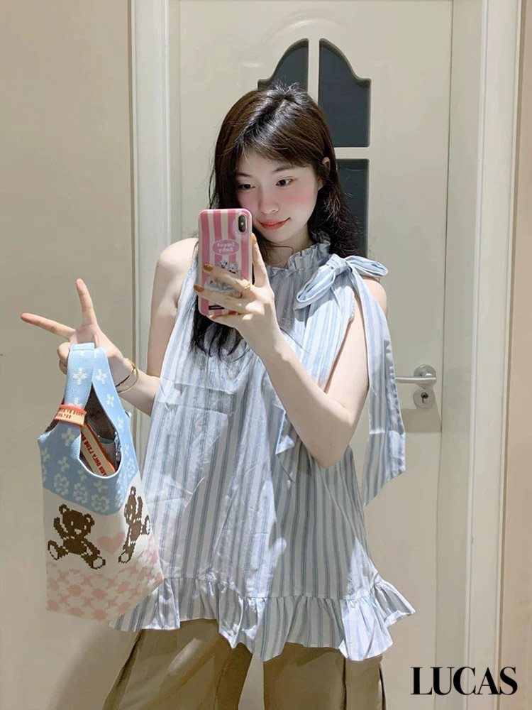 Áo sơ mi thô yếm sọc cổ dựng nơ cổ 1 bên nối gấu xòe WGWE