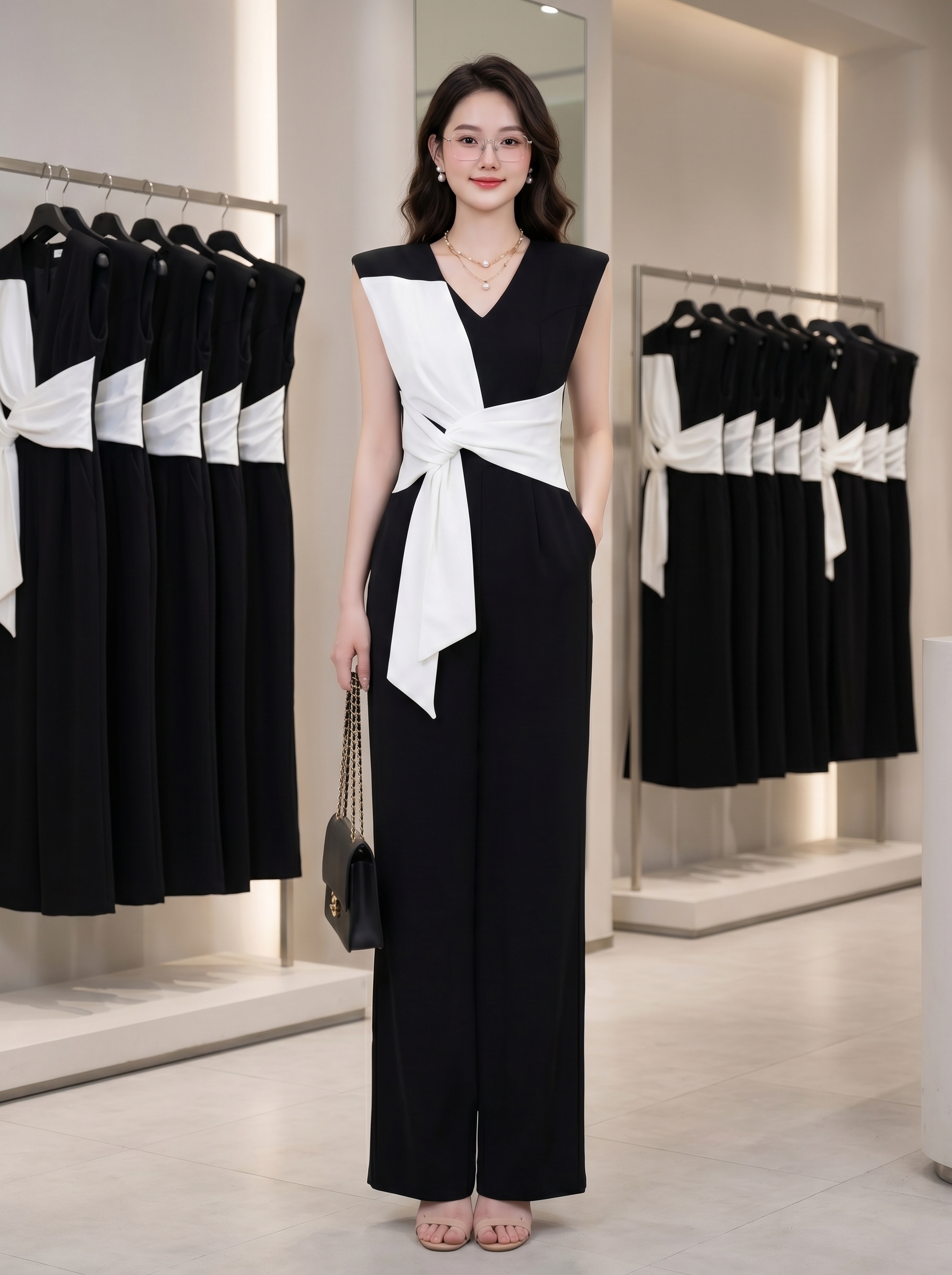 Jumpsuit cổ V phối nơ cao cấp