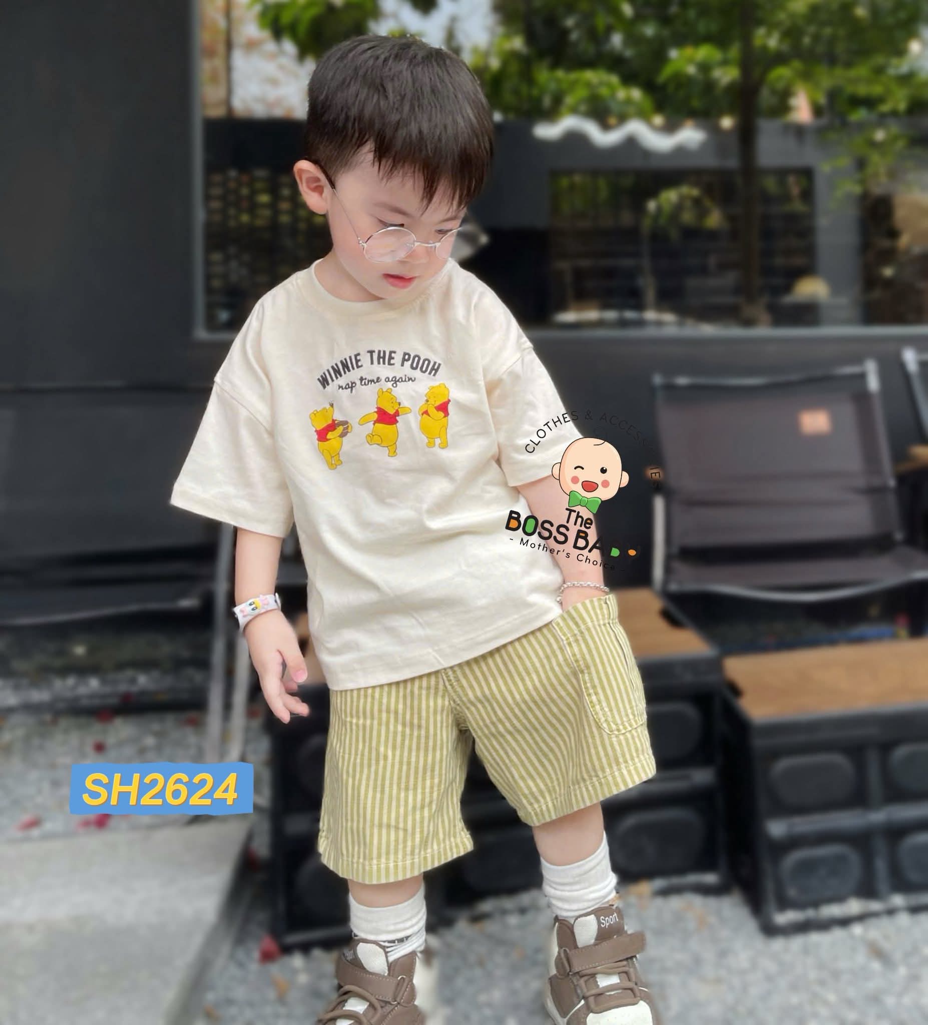 Set bộ linen xước be kẻ vàng gấu Pooh