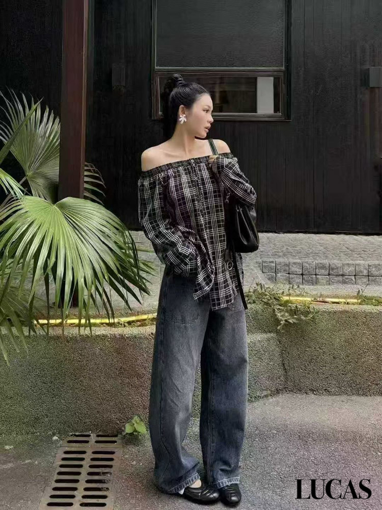 Áo trễ vai kẻ caro cài cúc dáng dài, dài tay cúc trắng buộc nơ ngực_thumbnail_1