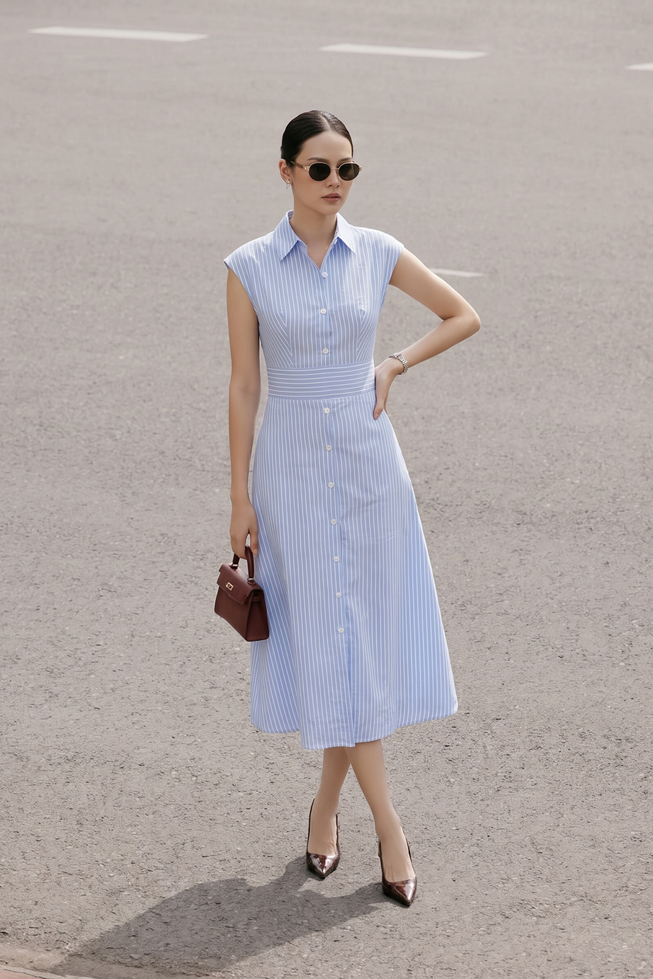 Đầm sơ mi linen 26204 kẻ xanh