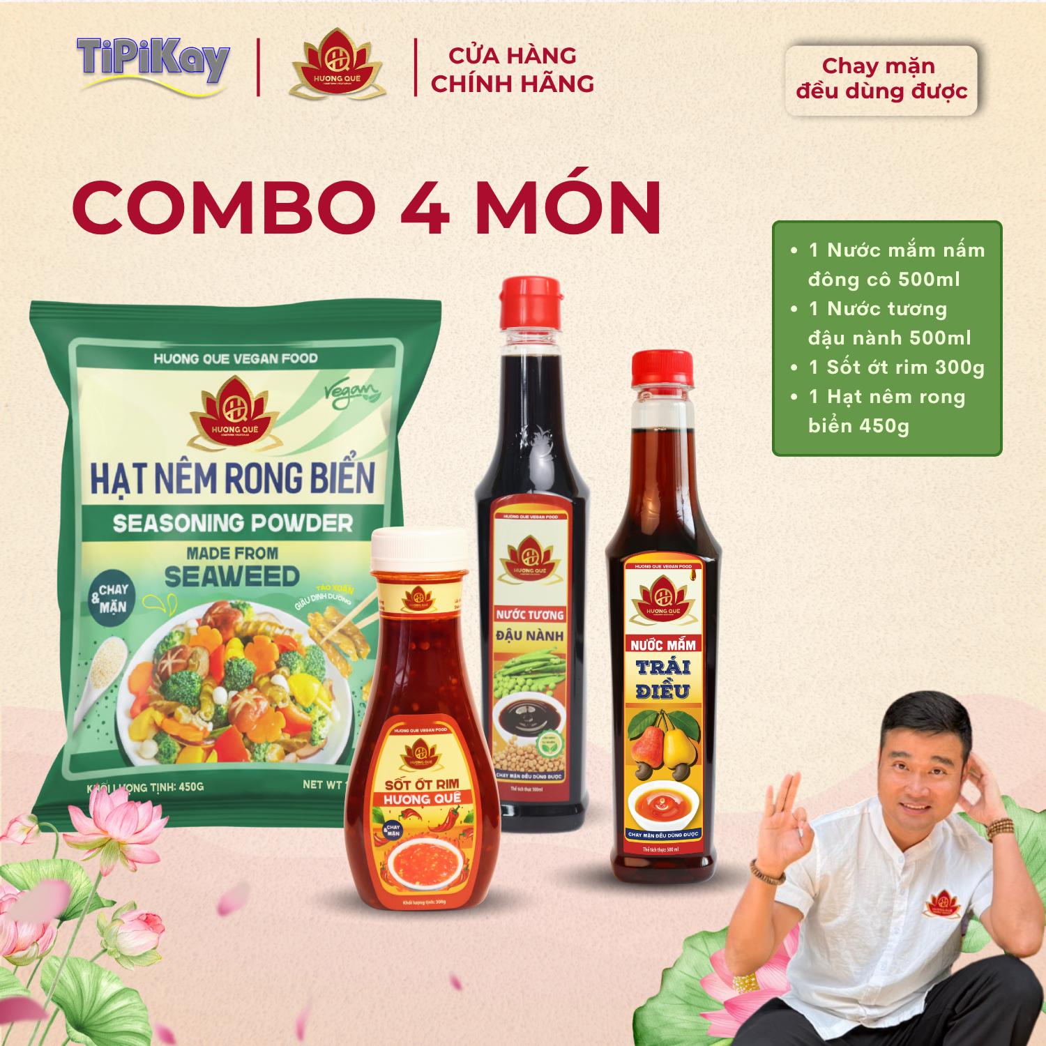 [Combo 4 món] 1 Nước Tương Đậu Nành 500ml + 1 Nước Mắm Trái Điều 500ml + 1 Sốt Ớt Rim 300G + 1 Hạt Nêm Rong Biển 450G CBTP-NTTDSOHN