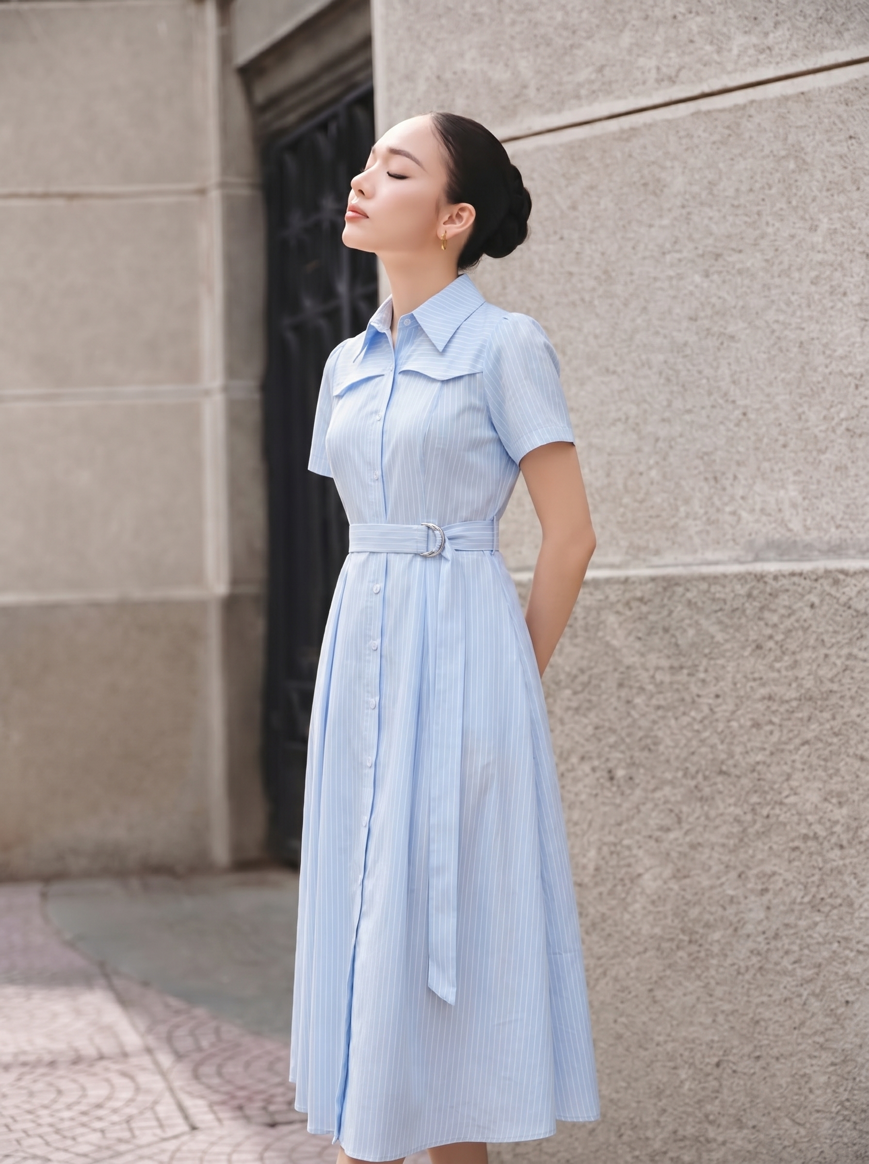 Đầm sơ mi xòe 26203 kẻ xanh