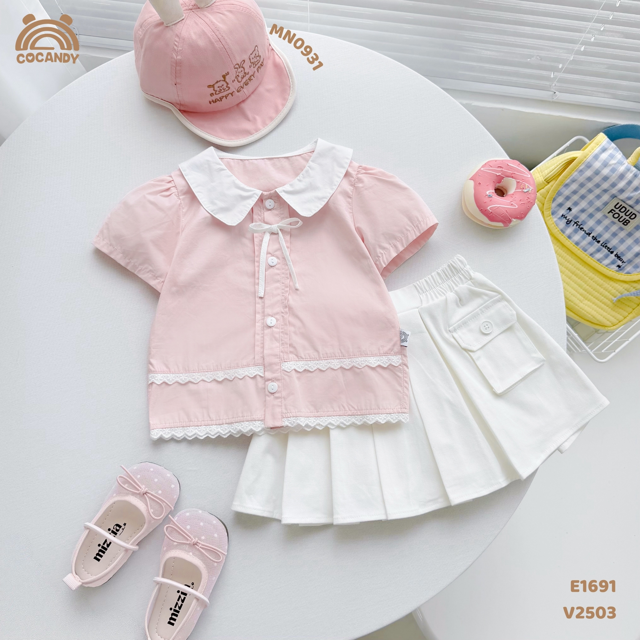 Áo cộc sơ mi thô HỒNG li dọc phối nơ_thumbnail_1