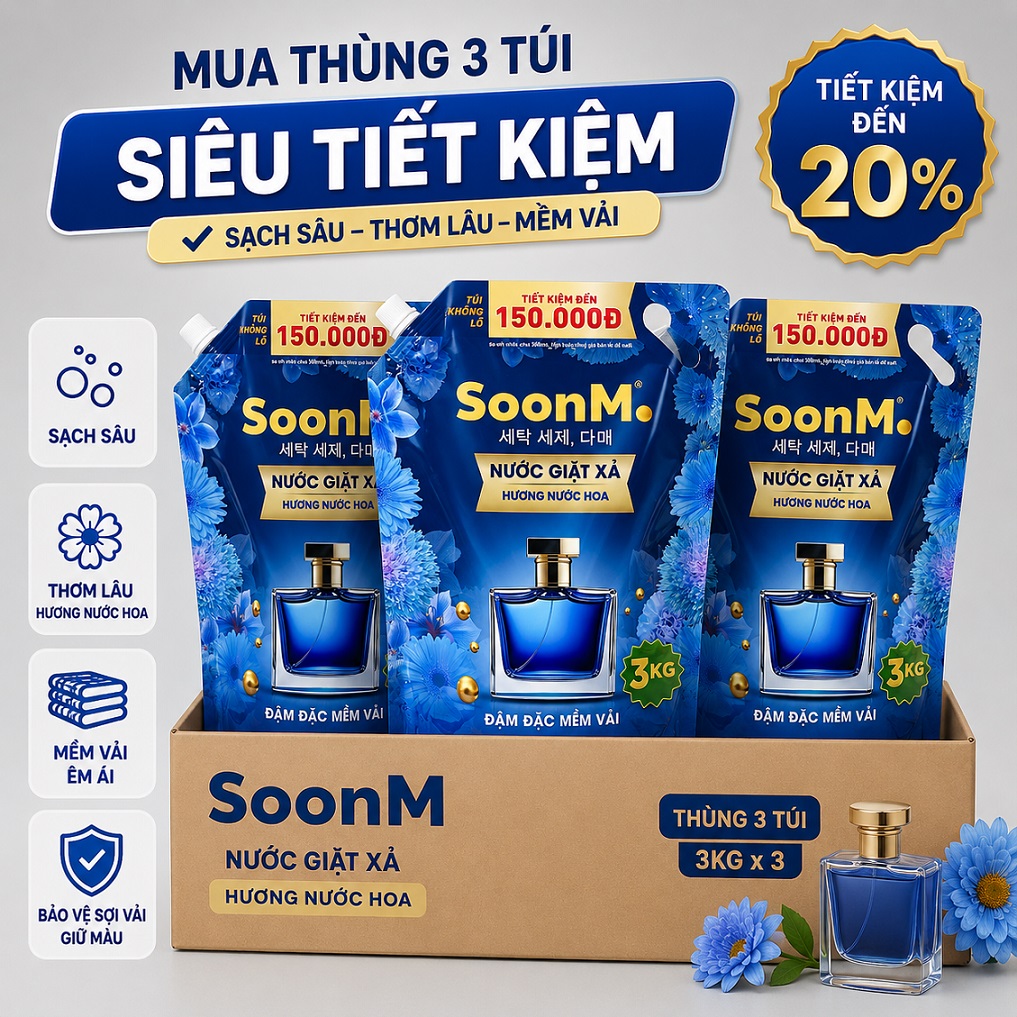 1 Thùng 3 túi Nước Giặt Xả 2 Trong 1 Soonmi 3kg