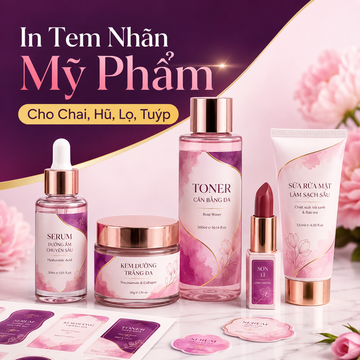 In Tem Nhãn Mỹ Phẩm Cho Chai, Hũ, Lọ, Tuýp Tại TPHCM