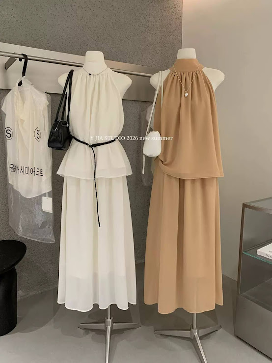 Lucas - Set áo yếm cổ cao + chân váy voan 2 lớp dáng xòe dài YJIA