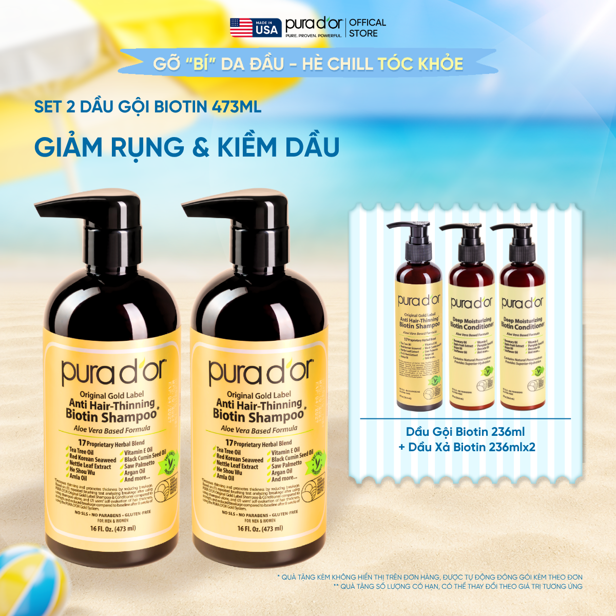 Set 2 Dầu Gội Biotin Pura D'or Original Gold Label Chăm Sóc Da Đầu, Giảm Rụng Tóc, Hỗ Trợ Mọc Tóc 473ml