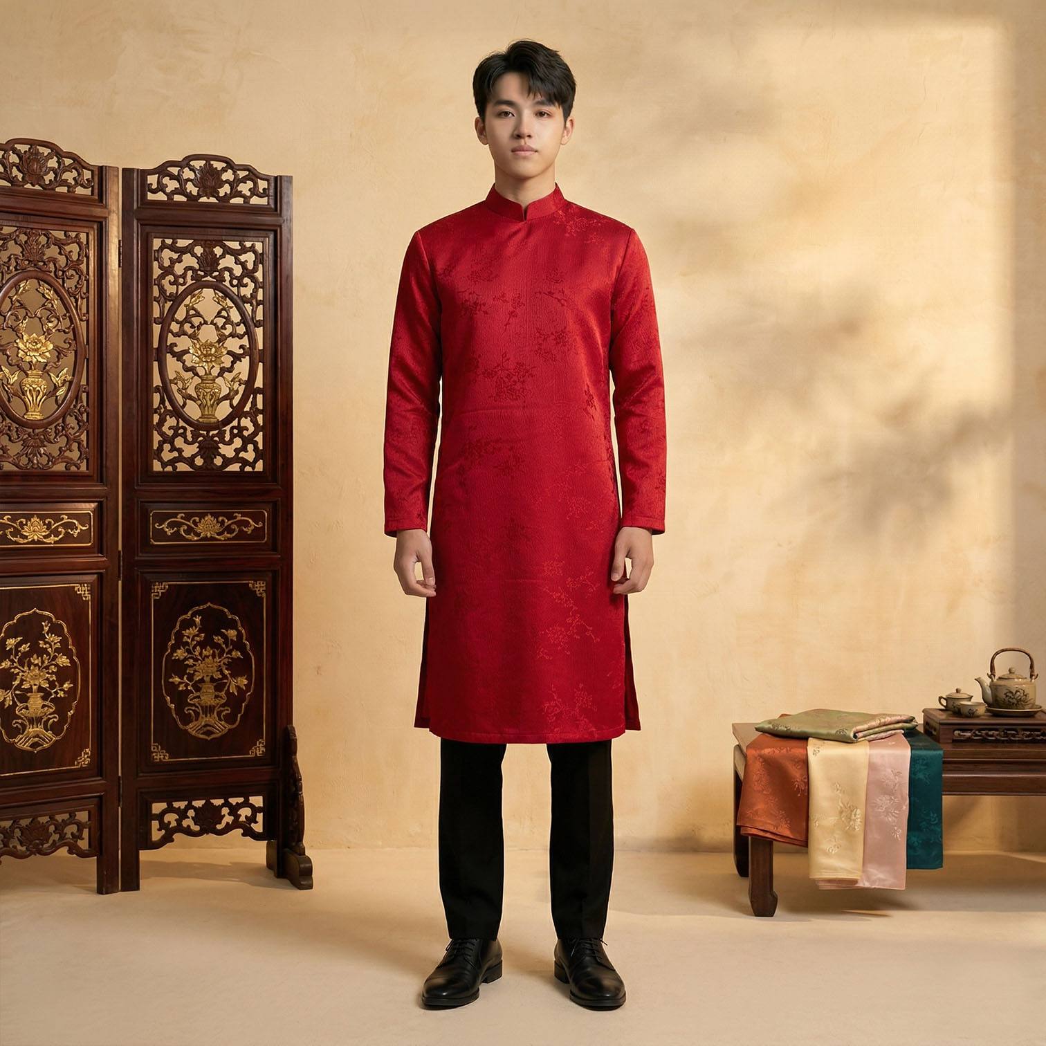 Áo Dài Cặp Cô Dâu Chú Rể Cưới Hỏi - Màu Đỏ Sang Trọng CH26-01_thumbnail_4