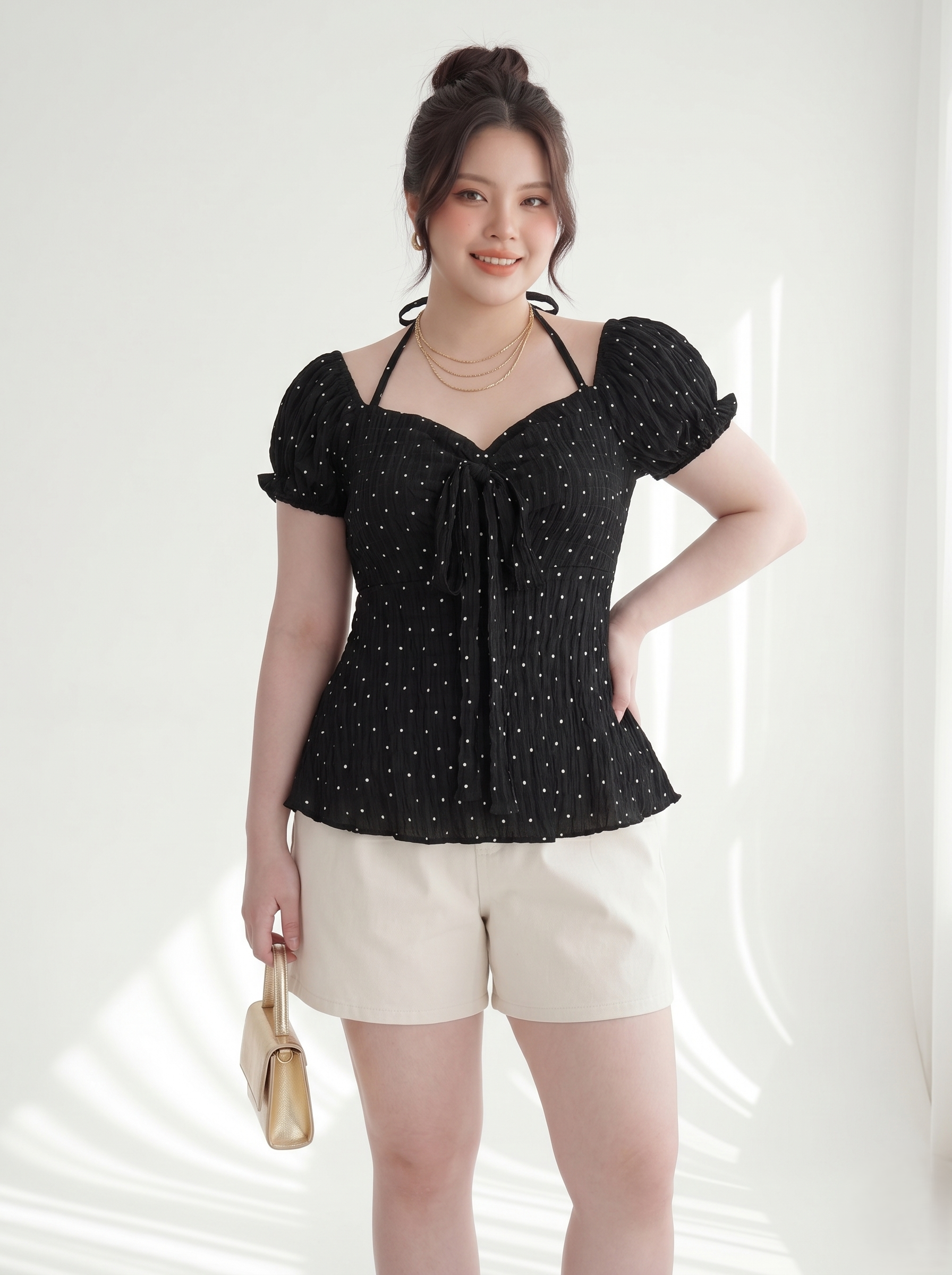 Áo Babydoll Bigsize Chấm Bi Tay Phồng Che Bụng - Đen - Vừa 55-90kg - AK104
