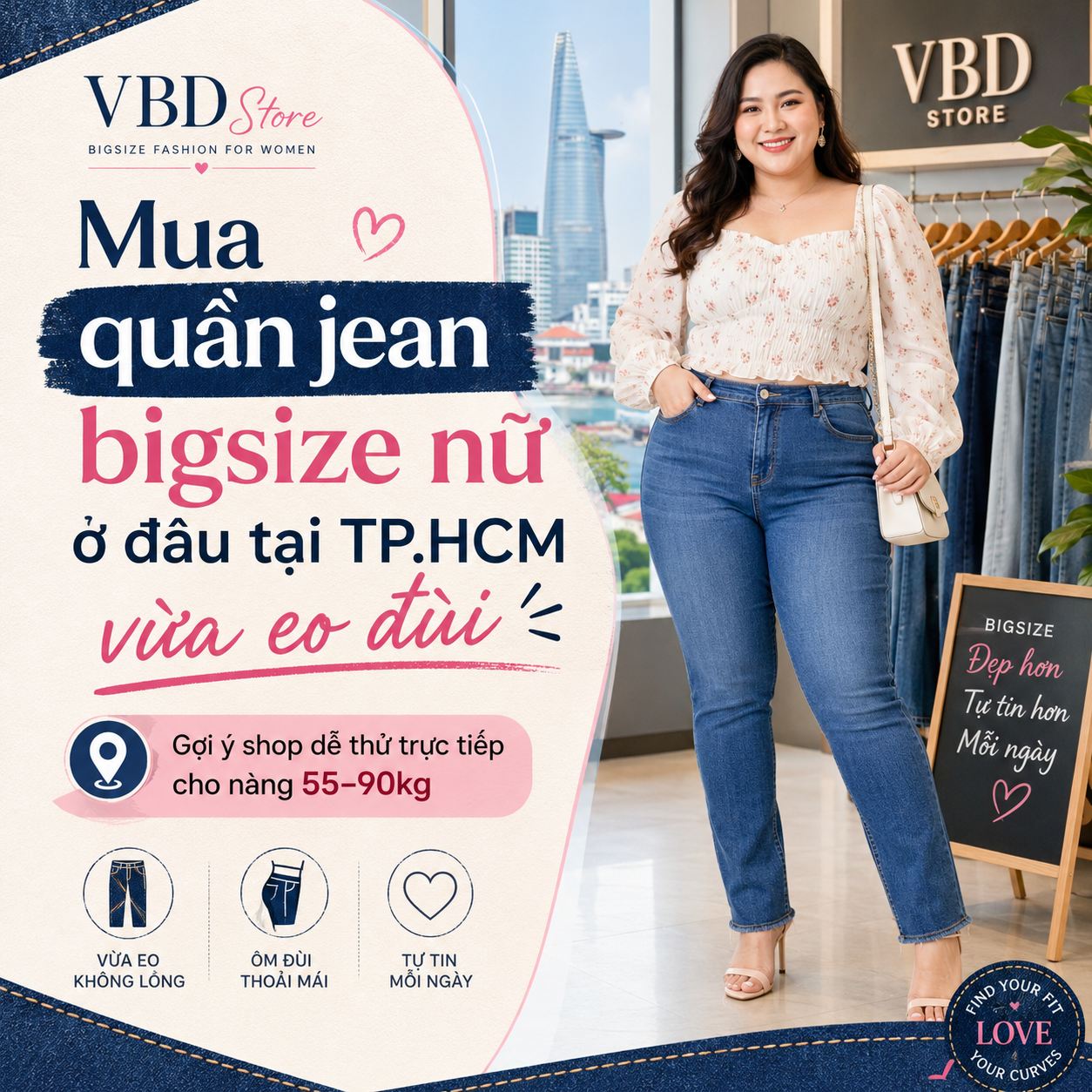 Mua quần jean bigsize nữ ở đâu tại TP.HCM vừa eo đùi
