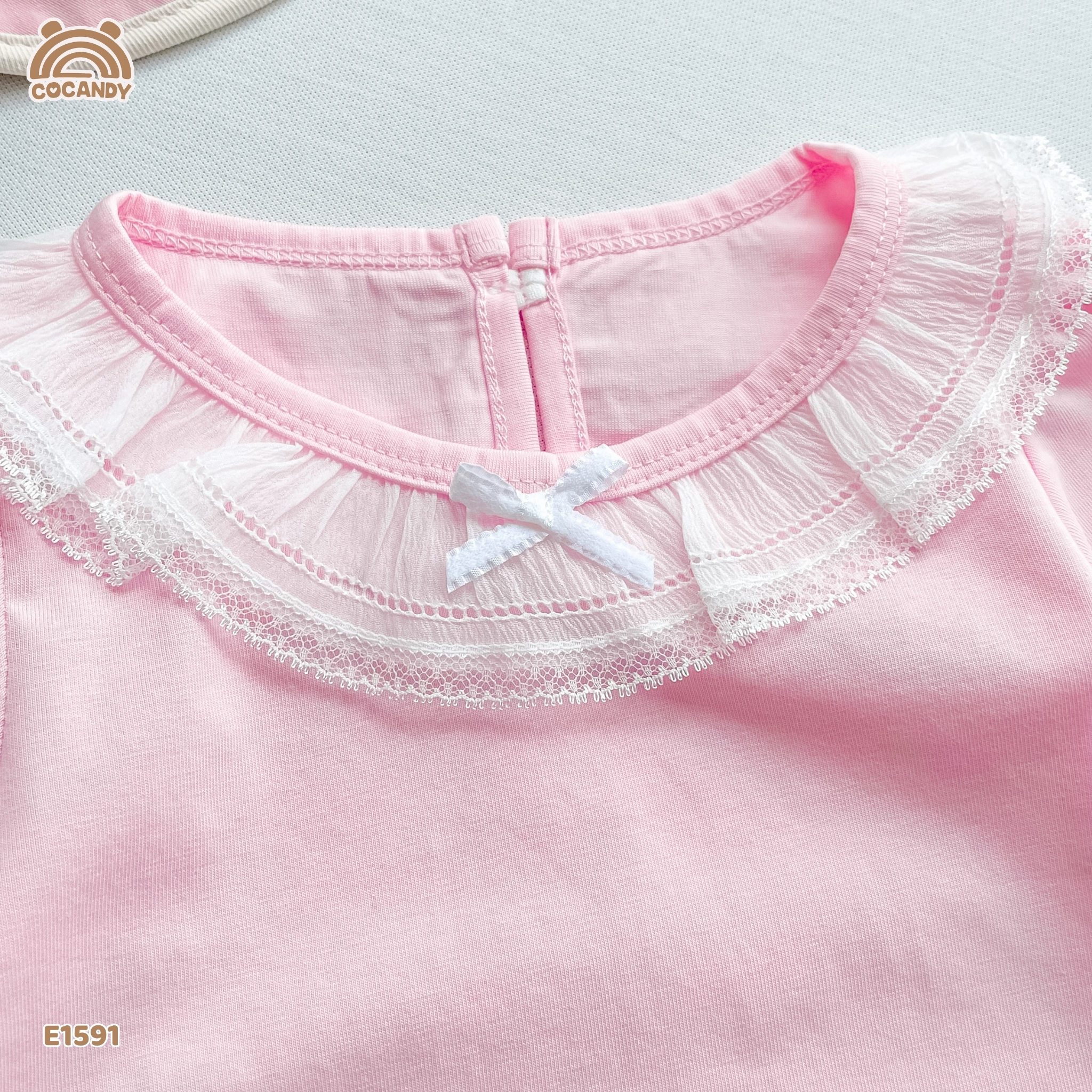 Áo cộc cotton HỒNG nhún bèo cổ phối nơ_thumbnail_2