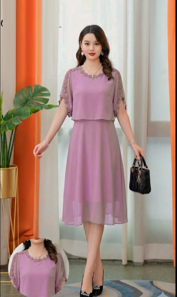 14218-Đầm voan tay xẻ  viền ren hoa giả kiểu rời ( voan,lót)_thumbnail_2