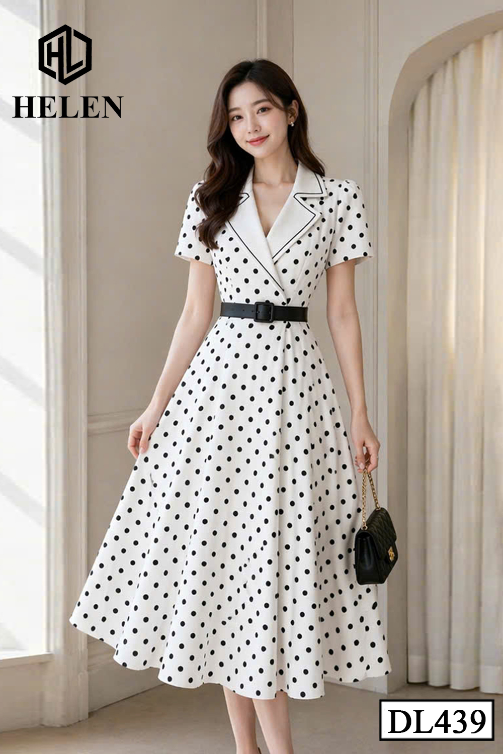 Đầm xòe TRẮNG CHẤM ĐEN phối cổ vest trắng DL439_thumbnail_2