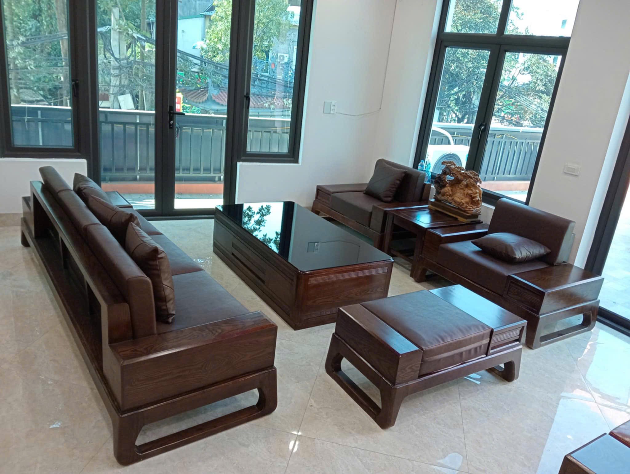 Sofa đối chân quỳ màu óc chó, đệm màu nâu đậm