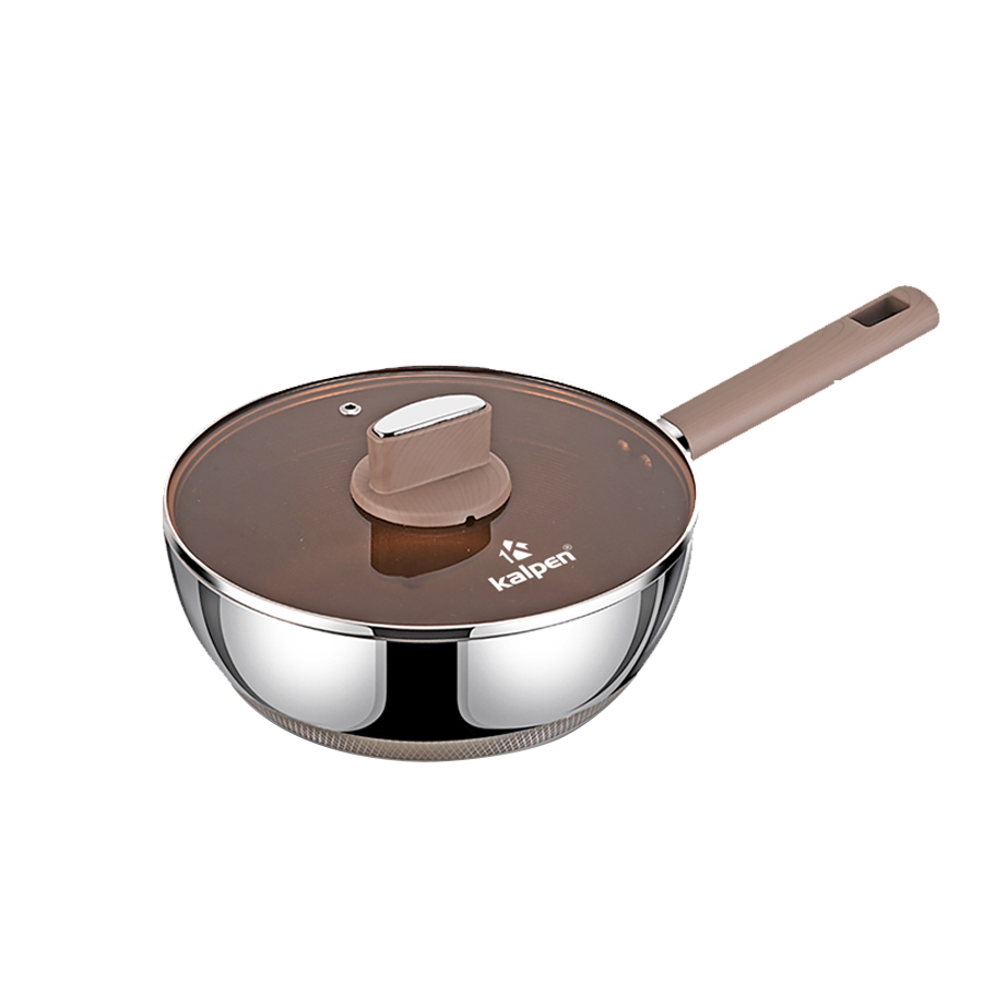 Chảo Inox 304 liền khối phủ Titanium, có vung kính