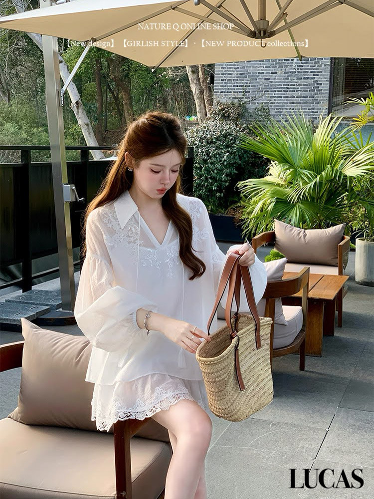 Set áo sơ mi voan cổ tim bẻ buộc nơ phối ren quanh cổ + quần sóc gấu viền ren_thumbnail_1