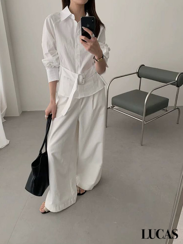 Áo sơ mi cổ đức vai chéo cài cúc dài tay phom suông + belt cài_thumbnail_3