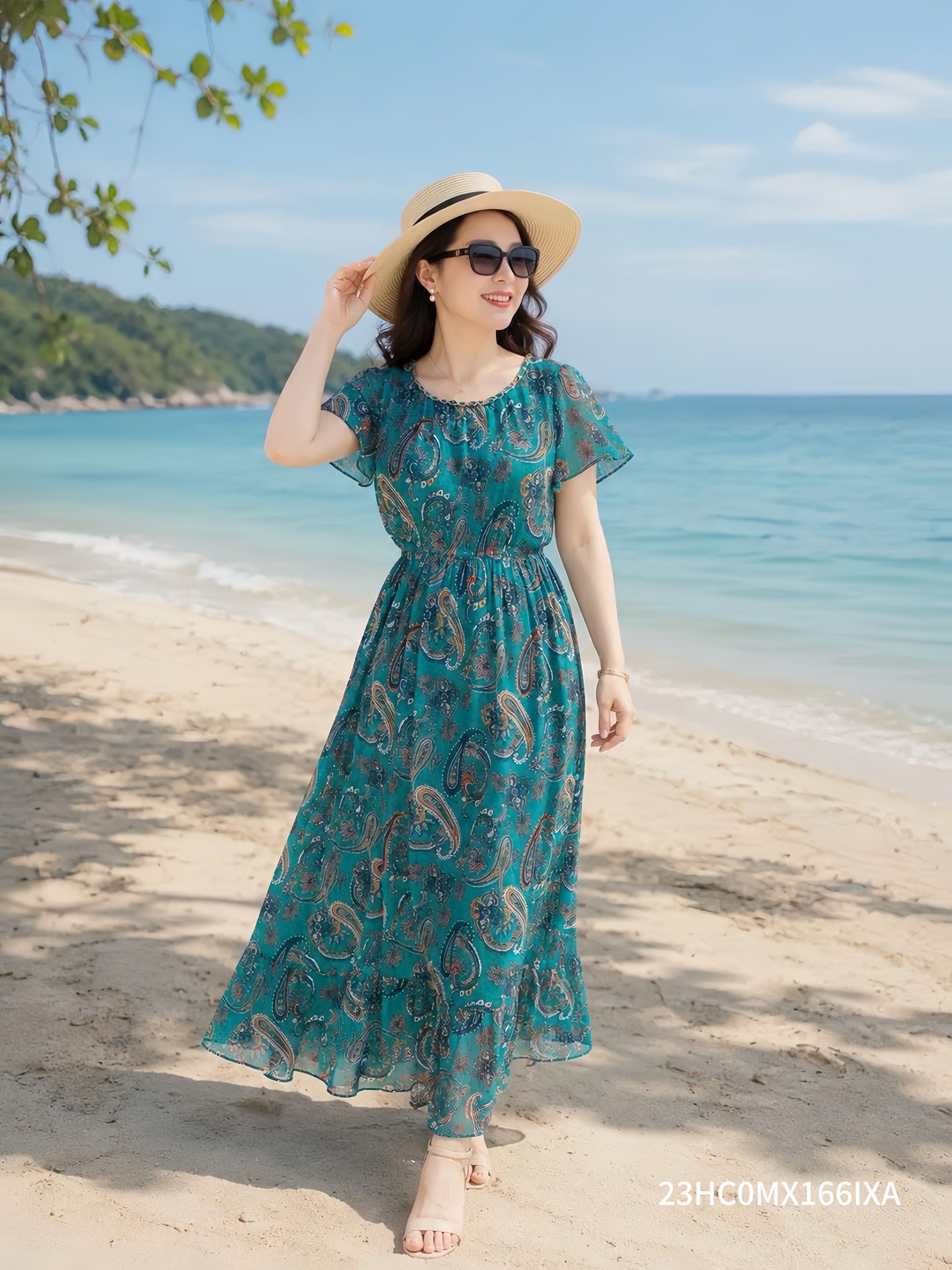 Đầm Maxi vải voan xanh họa tiết Paisley cách điệu 23HC0MX166IXA