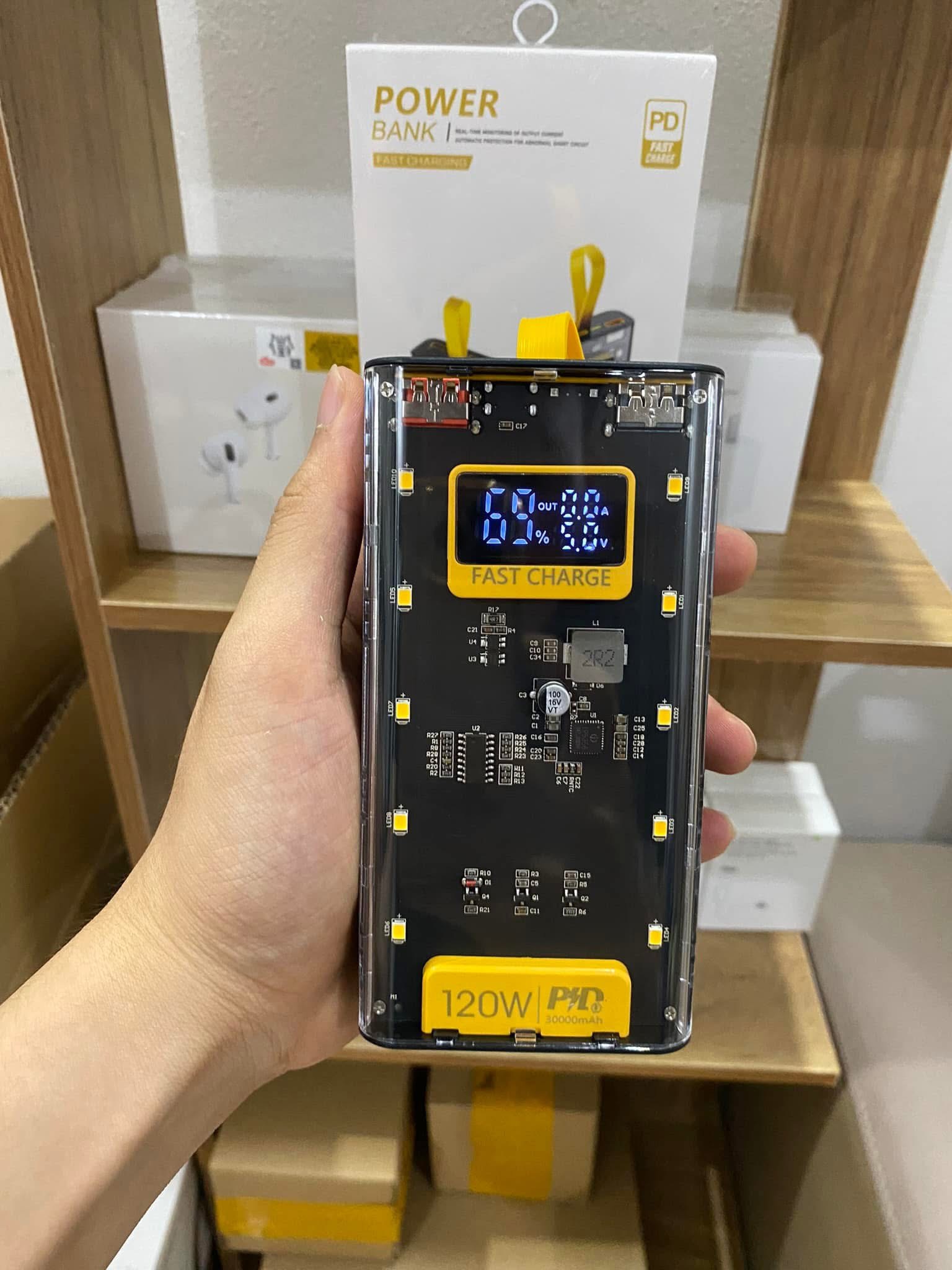 Sạc Dự Phòng 30000MAH Sạc Nhanh PD120W/20W Trong Suốt Tích Hợp 4 Dây Sạc