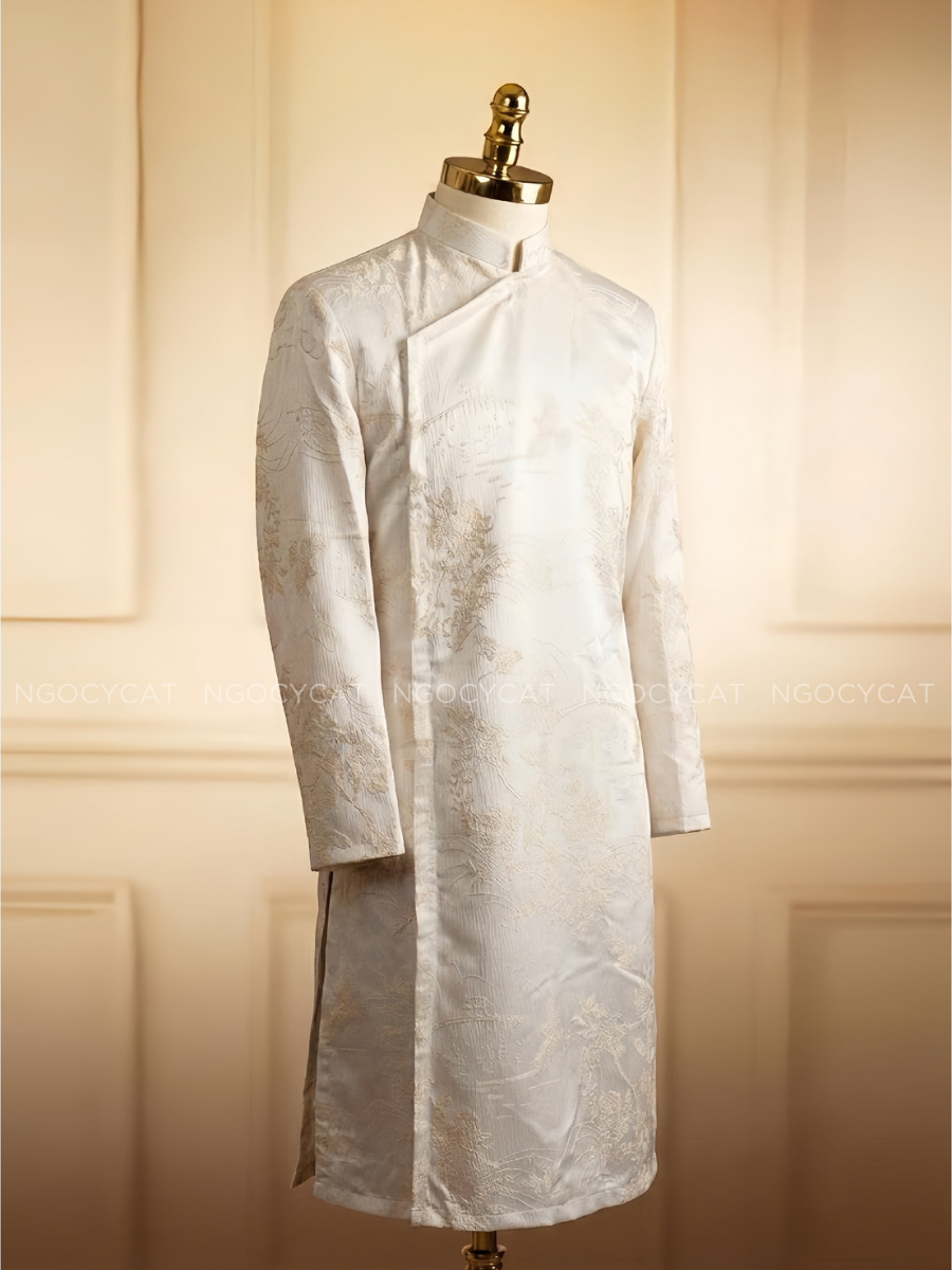 Áo Dài Nam Màu Be Hoa Điểu