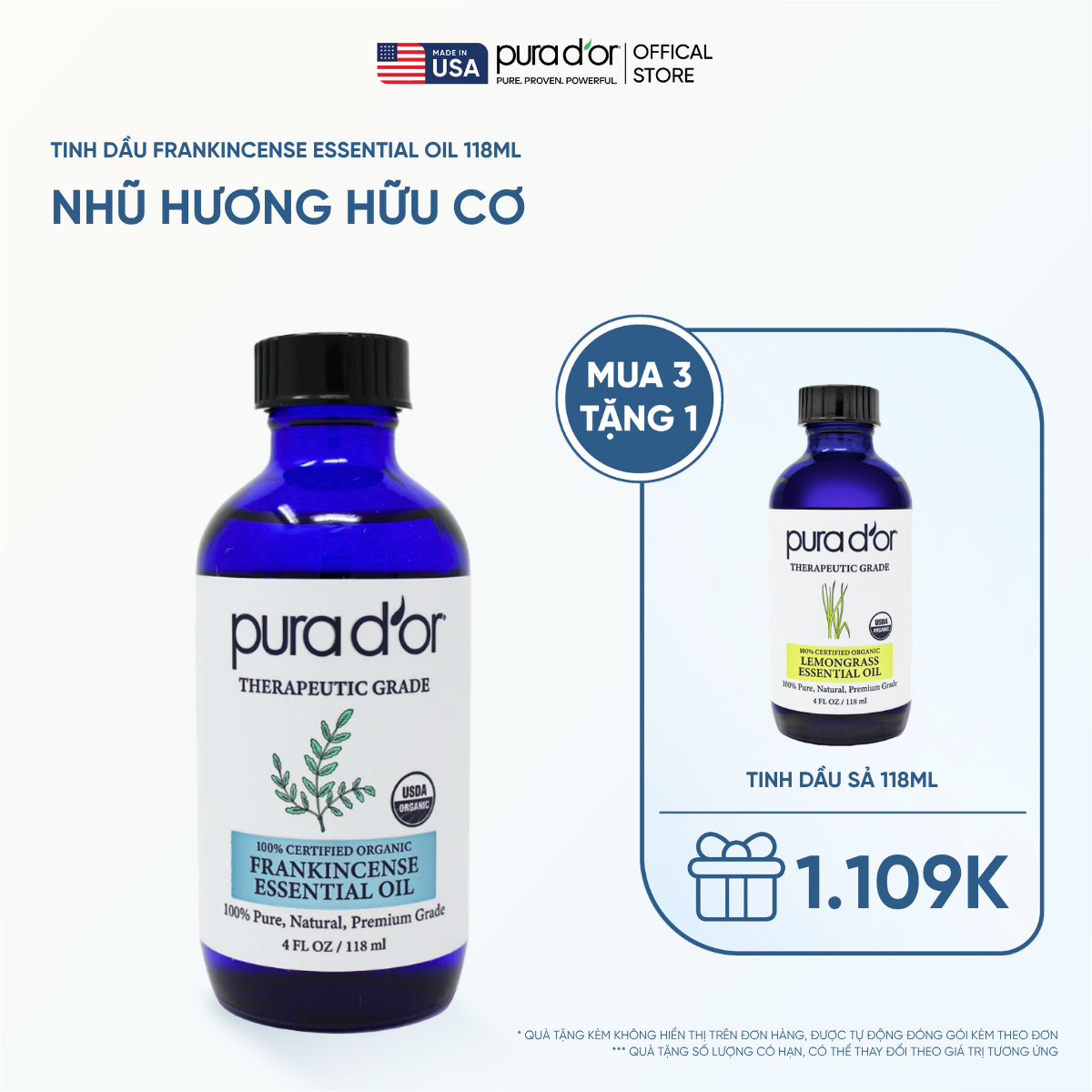 Tinh Dầu Nhũ Hương Hữu Cơ Pura D'or Therapeutic Grade Frankincense Essential Oil 118ml
