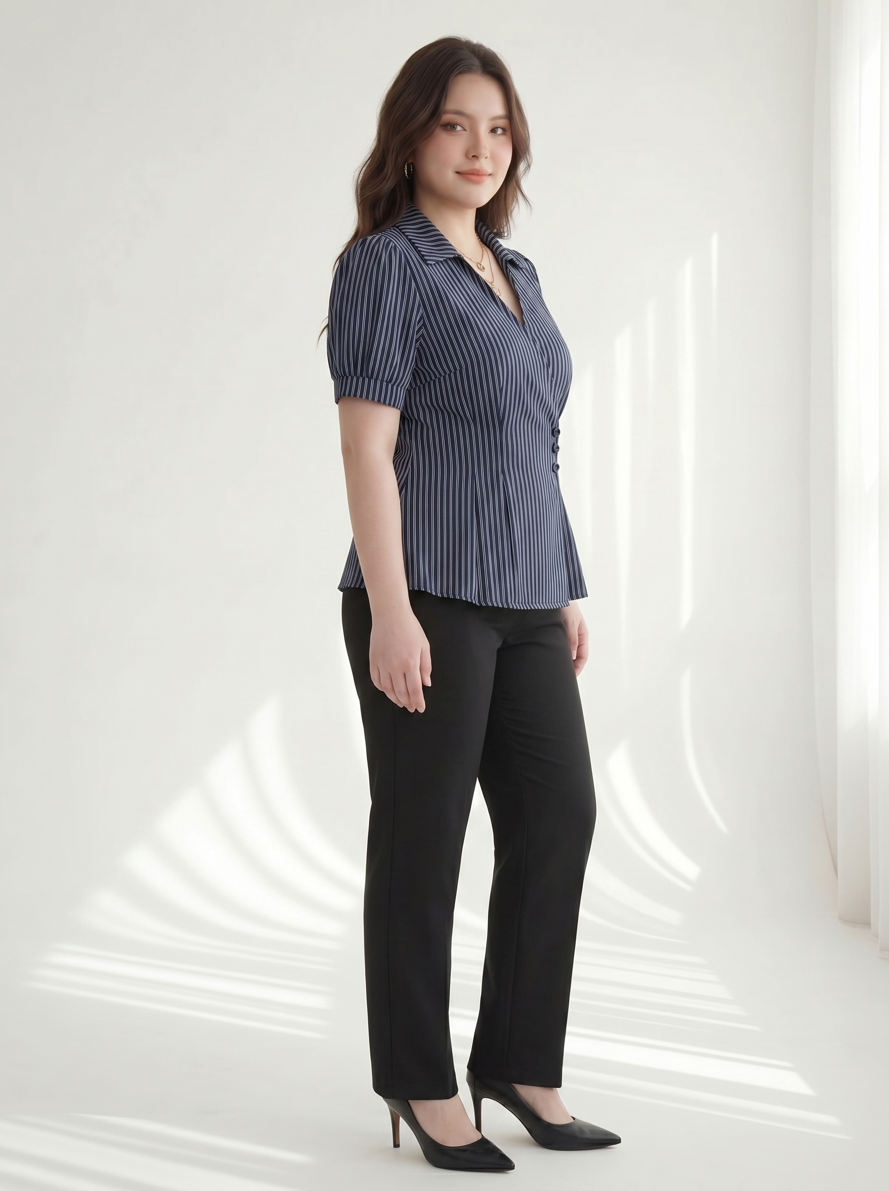 BIGSIZE NỮ - Áo sơ mi  tay phồng phối nút dành cho nàng béo 55-90kg V-AK110