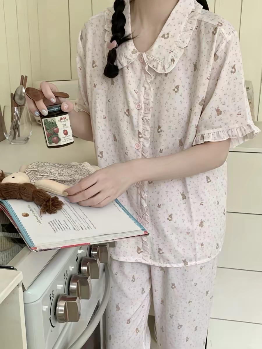 Bộ Pizama Cổ Sen Viền Bèo Xô Cotton Cộc_thumbnail_7