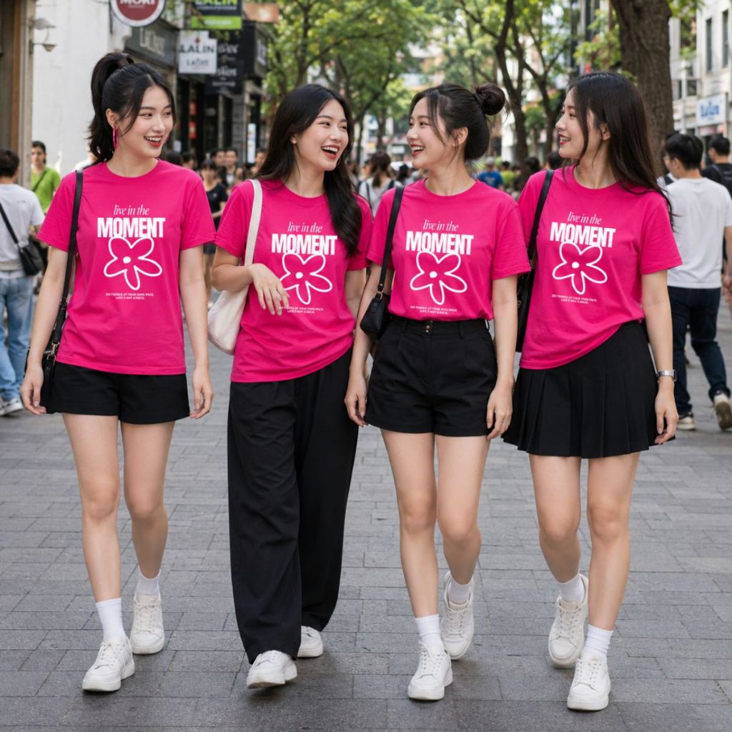 [Form Rộng] Áo phông đồng phục hội, nhóm du lịch hình hoa chữ "Live in the Moment" - LOZA  RT8594