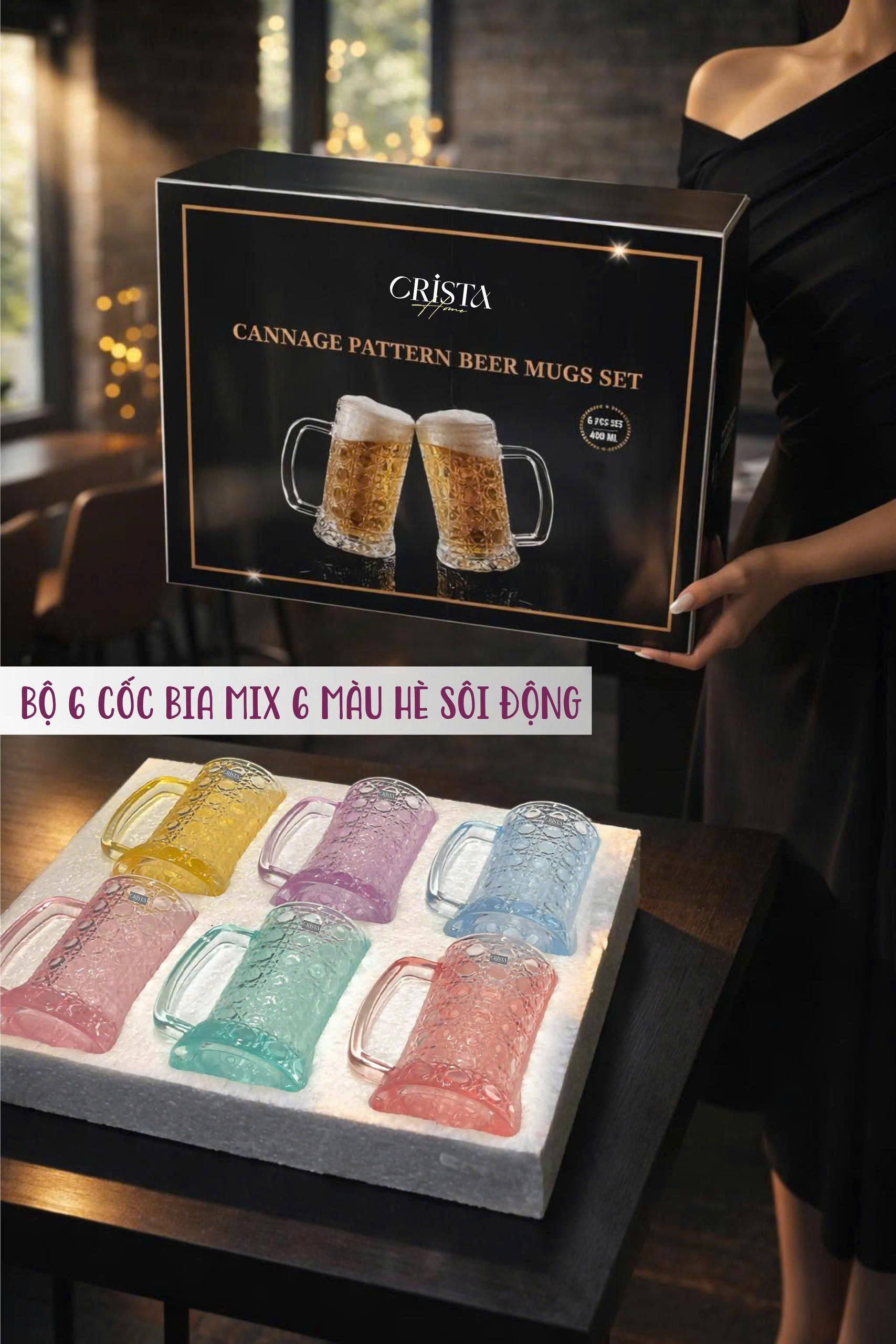 Bộ 6 cốc bia thủy tinh vân pha lê nổi có quai 420ml Crista Home_thumbnail_9