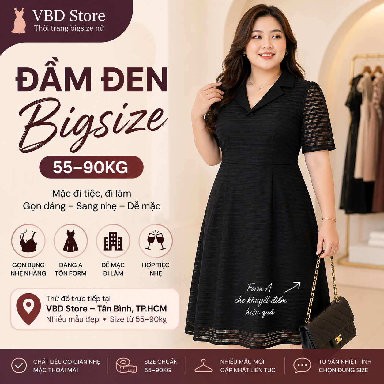 Đầm Đen Bigsize Cho Nàng 55–90kg Mặc Đi Tiệc, Đi Làm