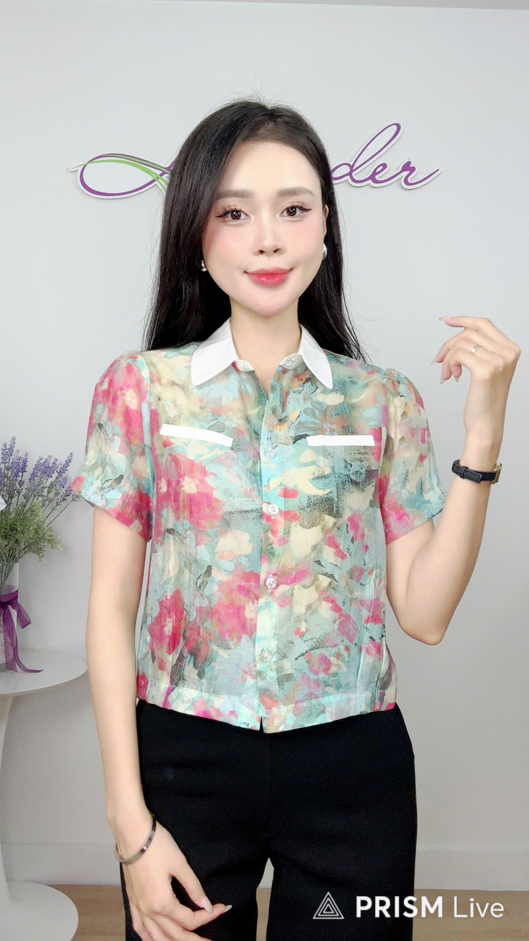 Áo sơ mi hoa tơ boi coton cổ trắng A4269