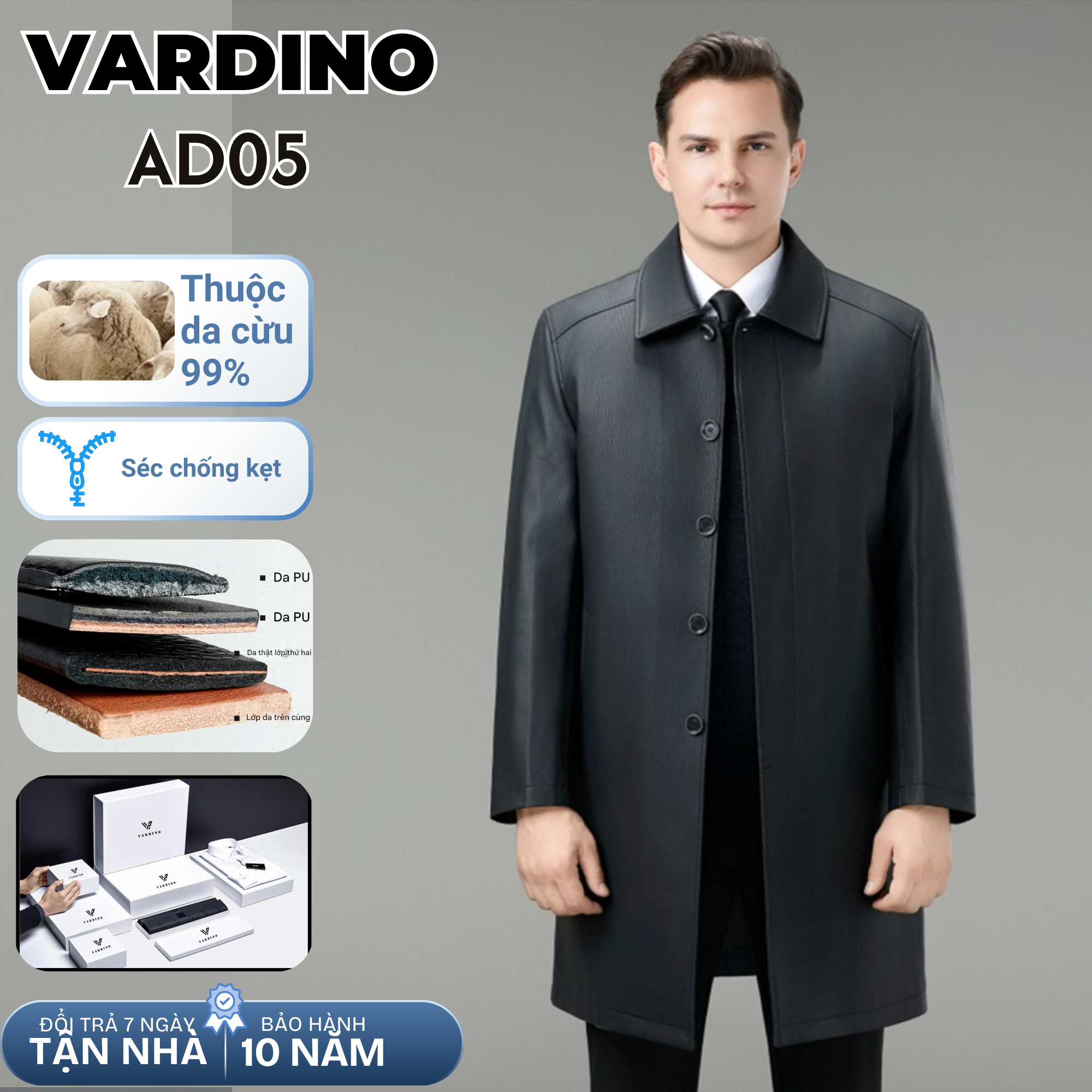 Áo da nam dáng dài giấu cúc có lót tháo rời Vardino AD05-AD06