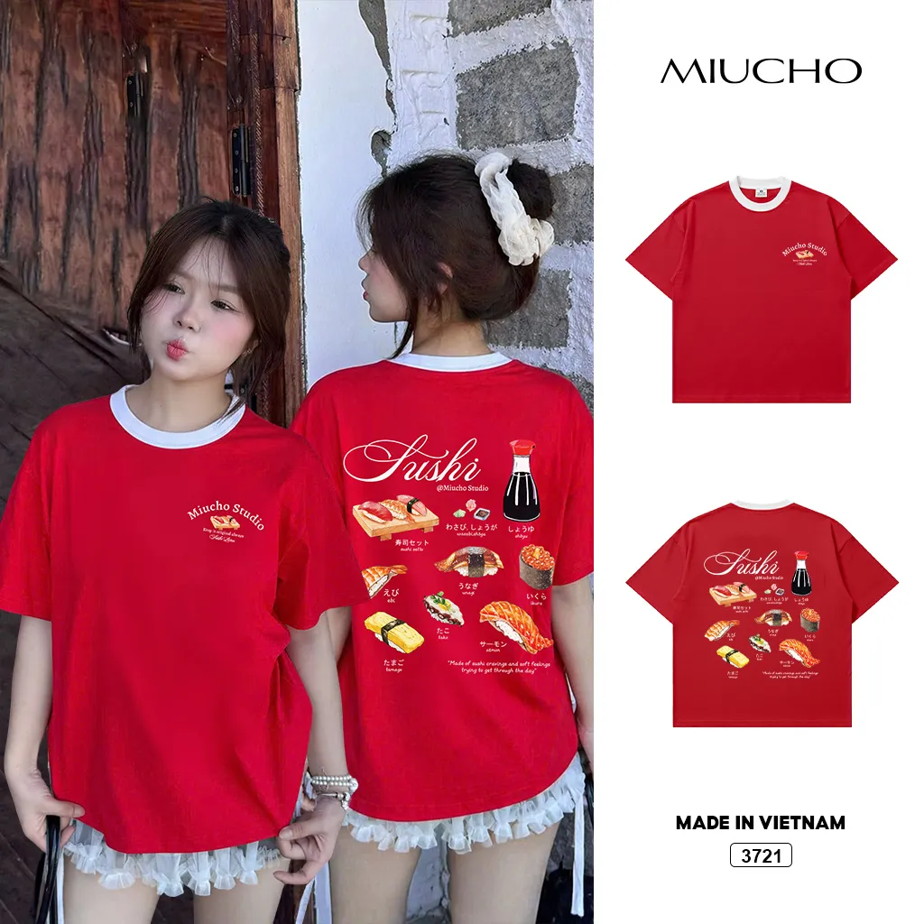 Áo thun boxy phối cổ mix màu đáng yêu Miucho Food 3721