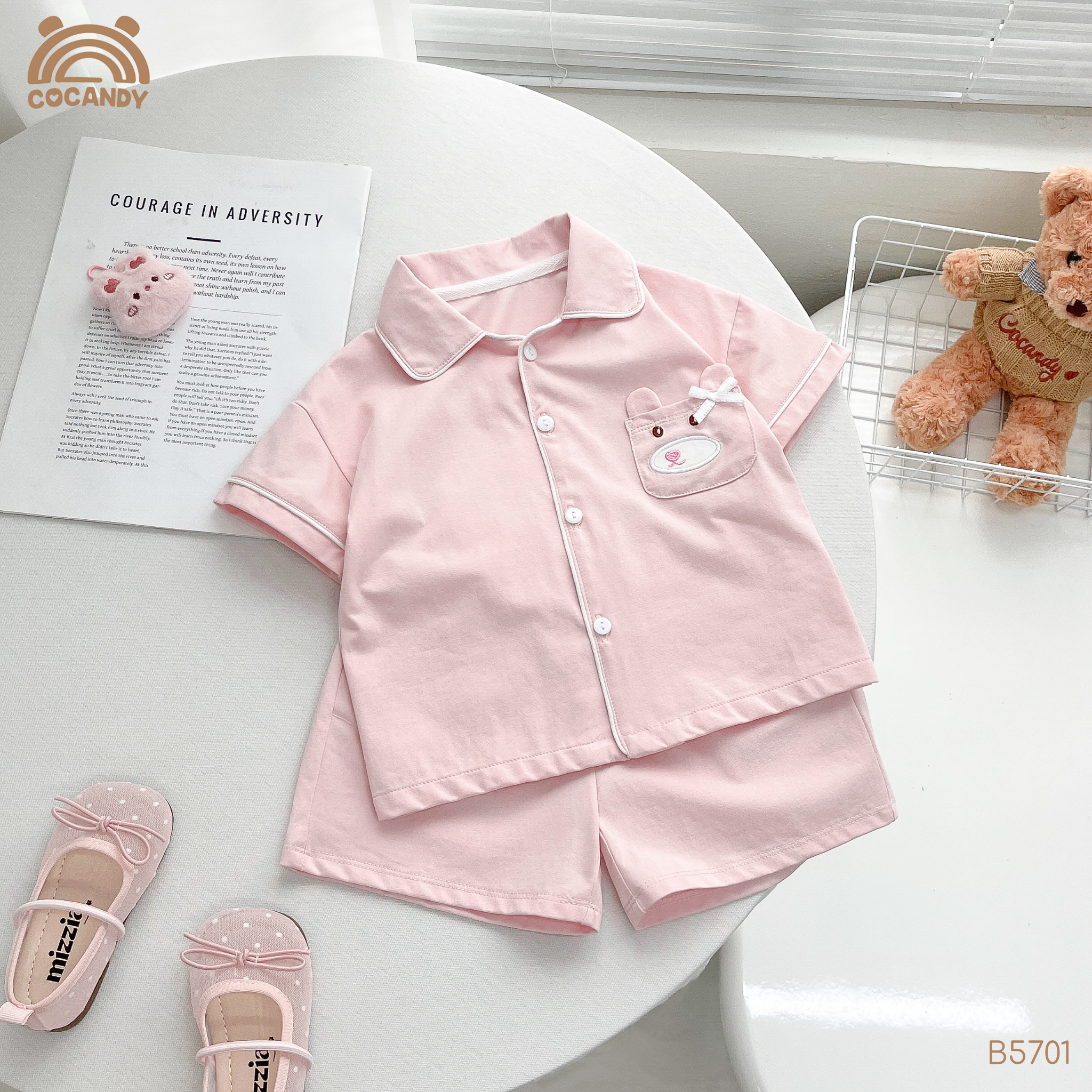 Bộ cộc pijama HỒNG phối túi ren nơ