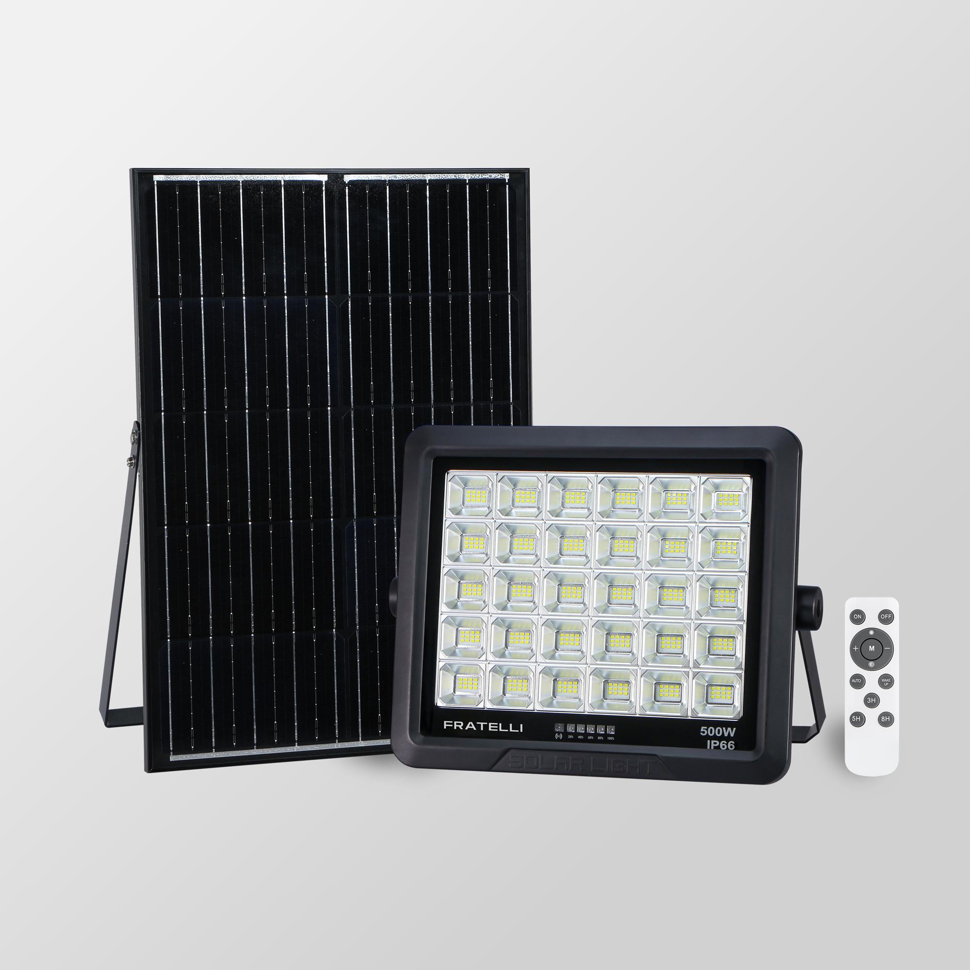 Đèn LED pha năng lượng mặt trời Fratelli FTK10 200W 300W 500W  IP66 chống nước, pin lifepo4, điều khiển từ xa