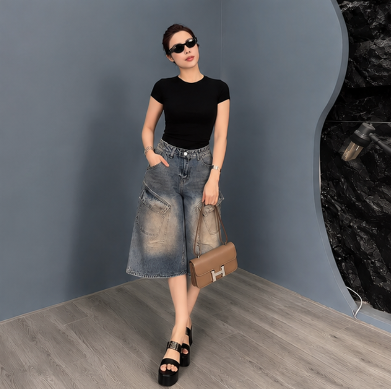 Set Áo thun trơn basic + Quần short jean_thumbnail_2