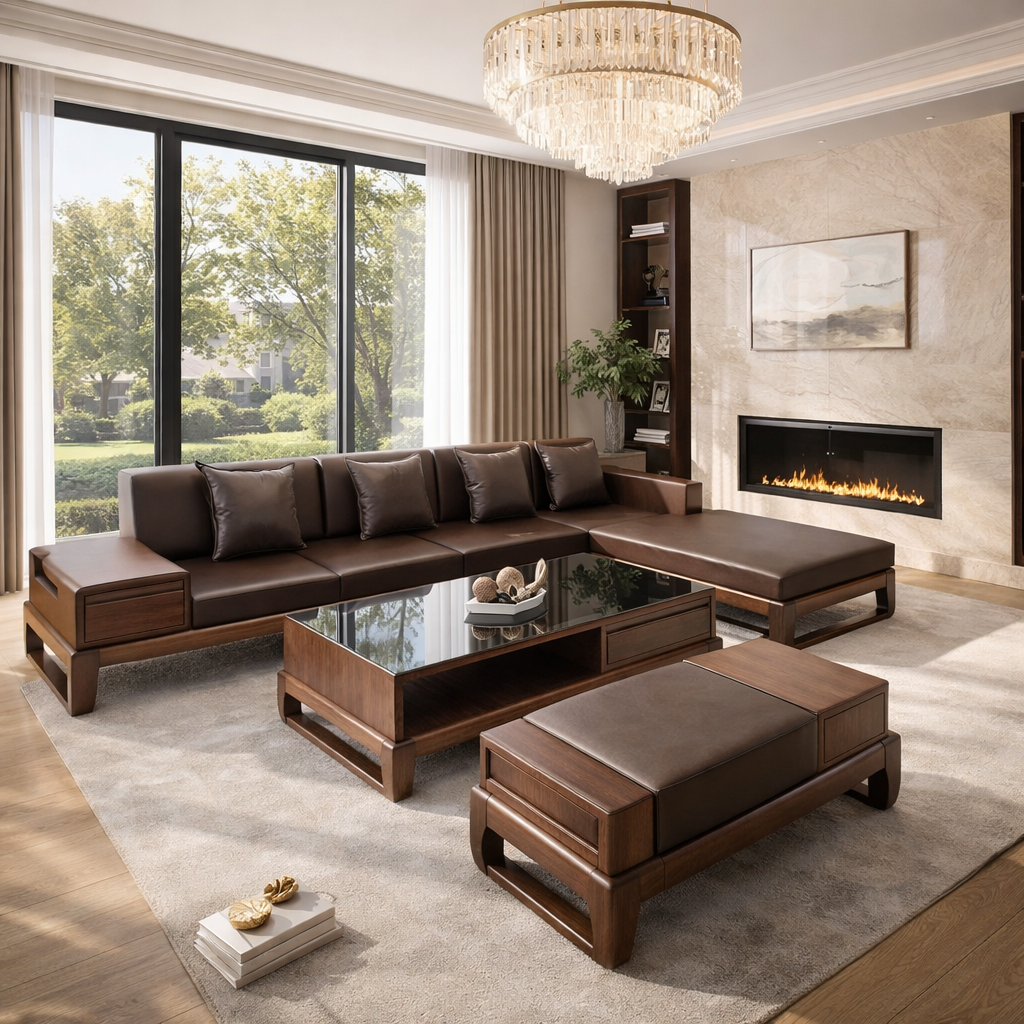 Sofa góc L chân Quỳ vế trái màu nâu sậm